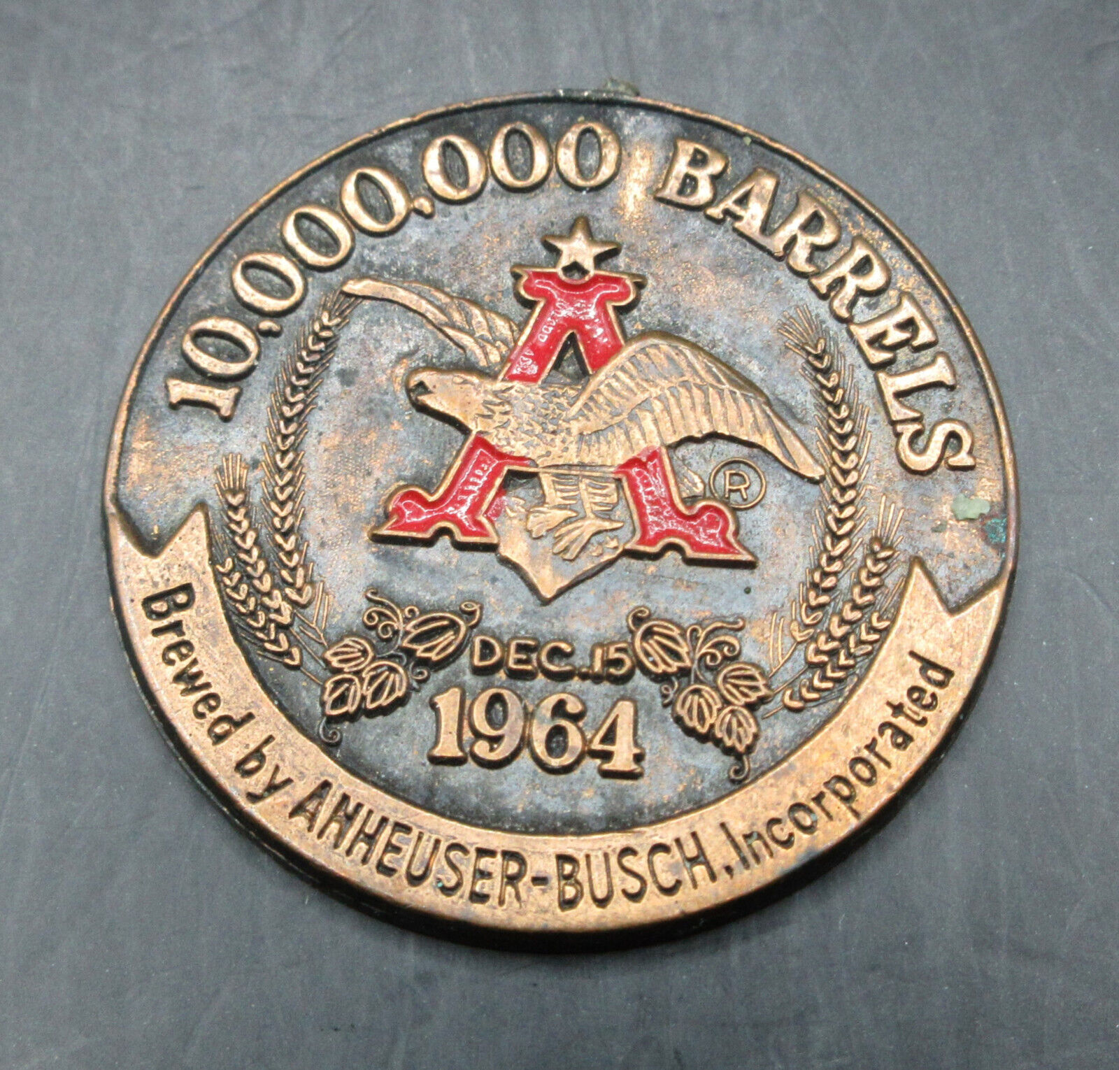 Anheuser-Busch Commemorative 10,000,000 Barrels Medal Signed Dec 15, 1964 L#835