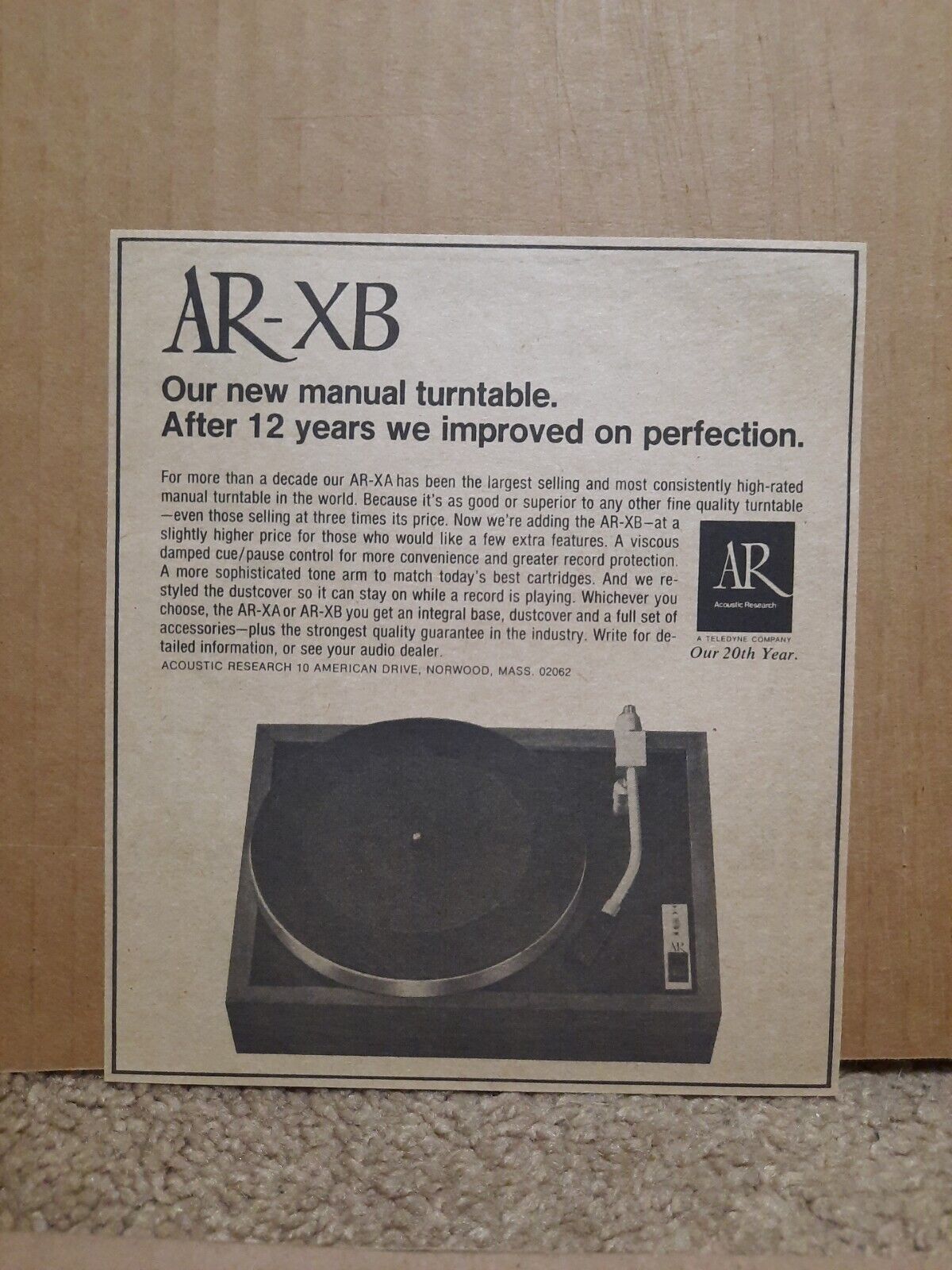 1974 Acoustic Research AR Record Player Newspaper Ad AR-XB