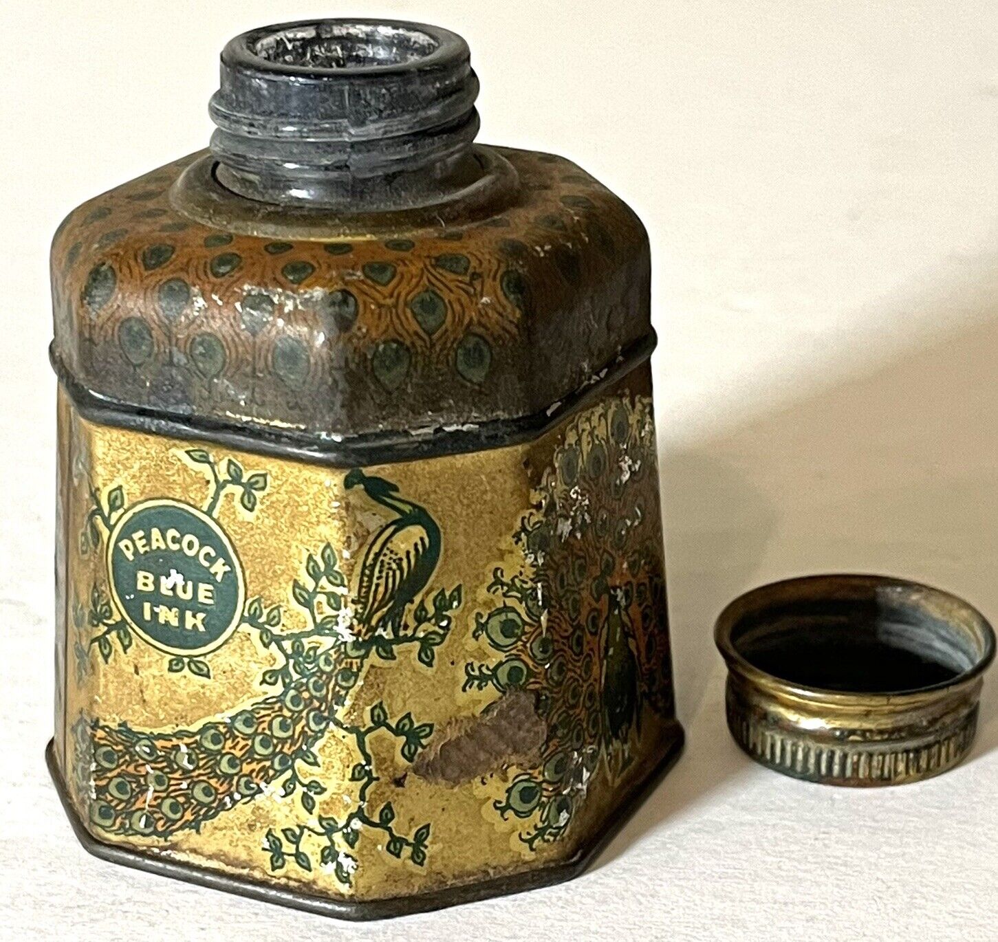 Vintage Ink Bottle Well Glass Wrapped In Tin PEACOCK Fountain Pens
