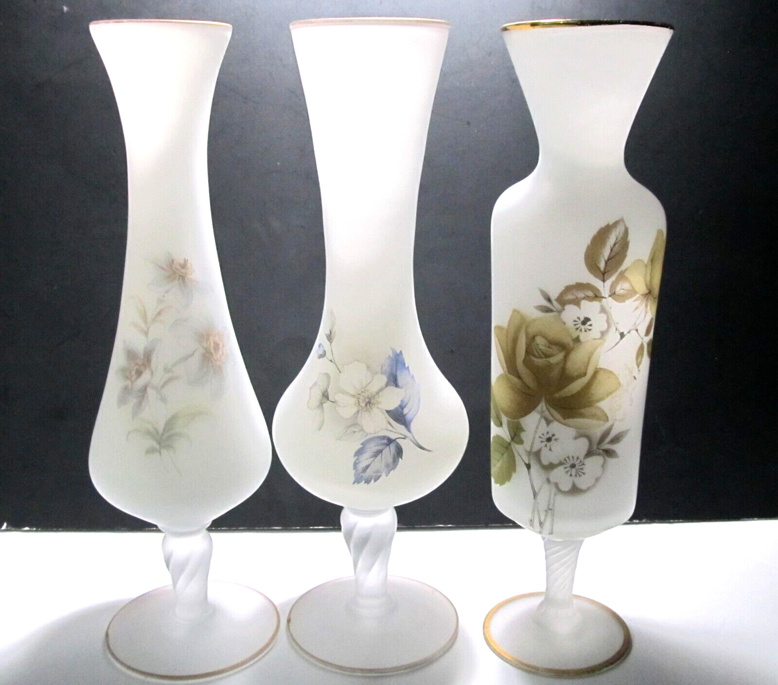 3 Vintage Norleans White Satin Glass Clear Frosted 10” Painted Flower Bud Vases