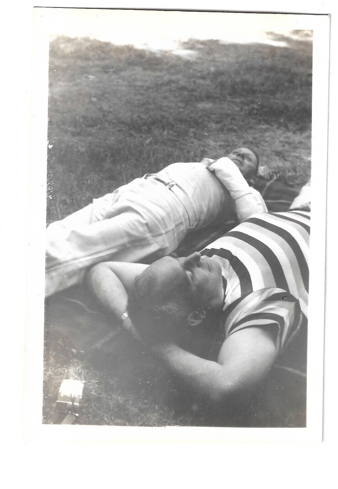 VTG PHOTO Two Handsome Guys Nap on Grass Striped Shirt Affectionate Men Gay Int.