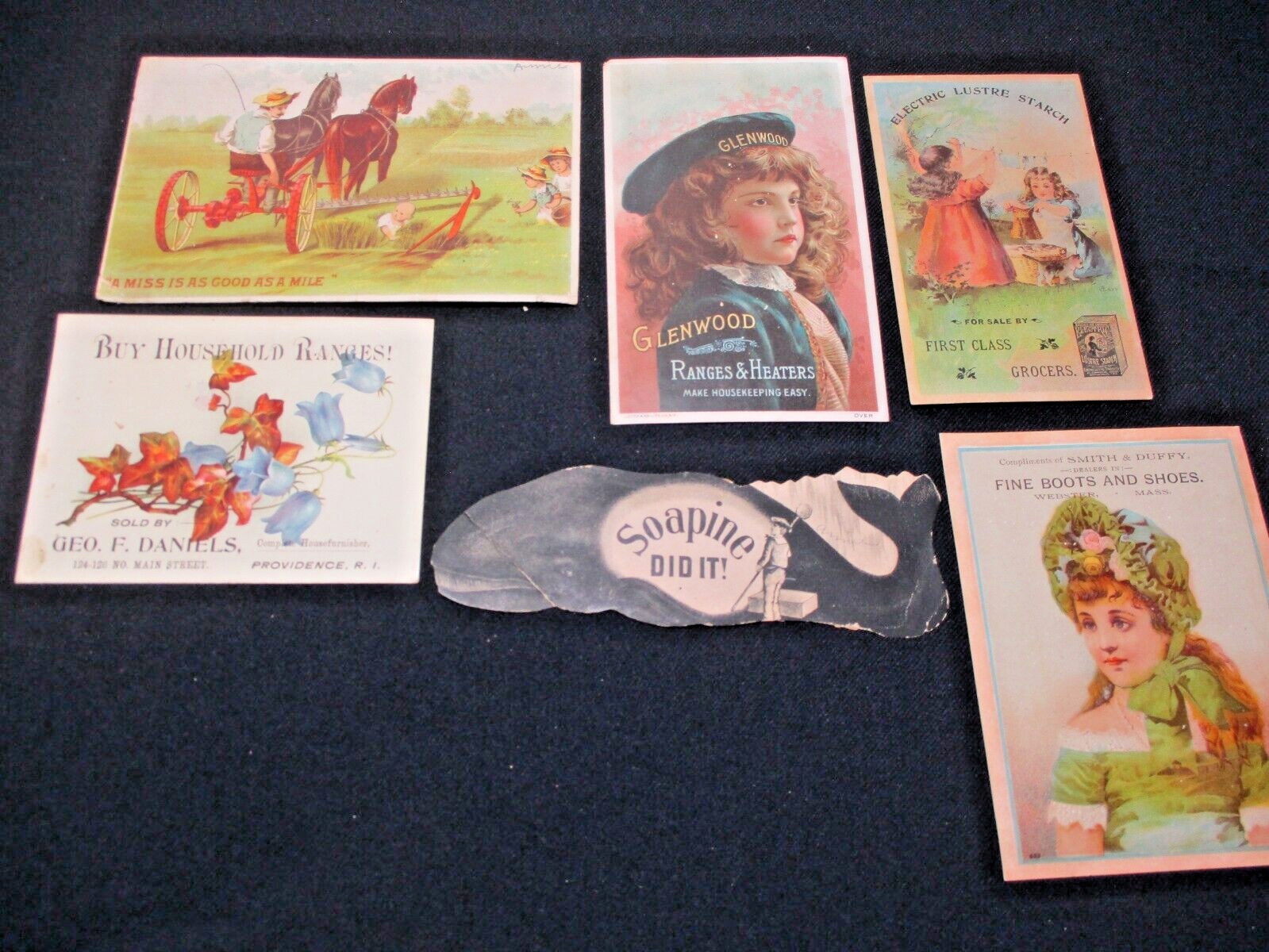 Early Lot of Antique Trade Cards Soapine Whale, Glenwood, Starch, Ranges, etc