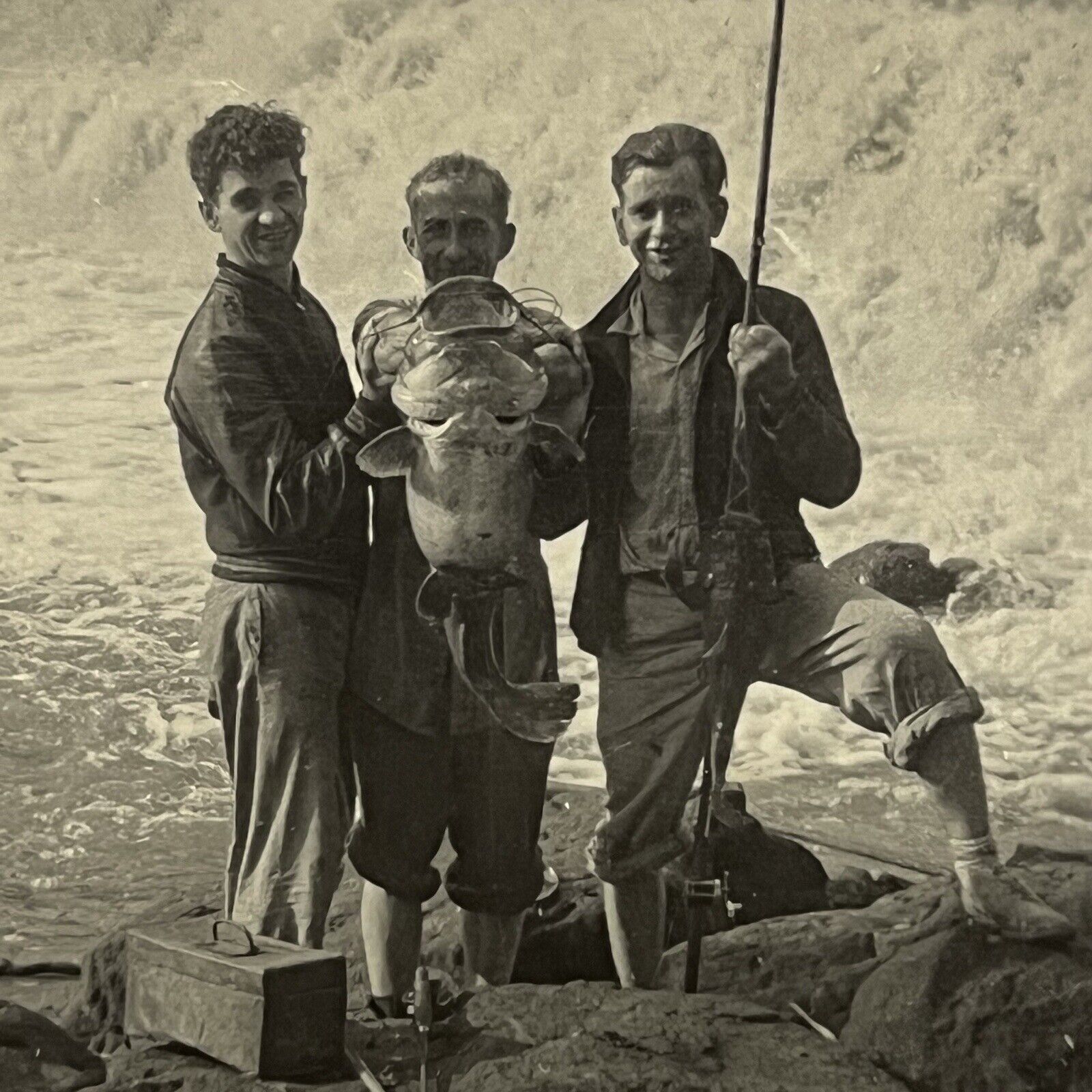 Vintage B&W Snapshot Photograph Handsome Young Men Big Catch Fish Waterfall