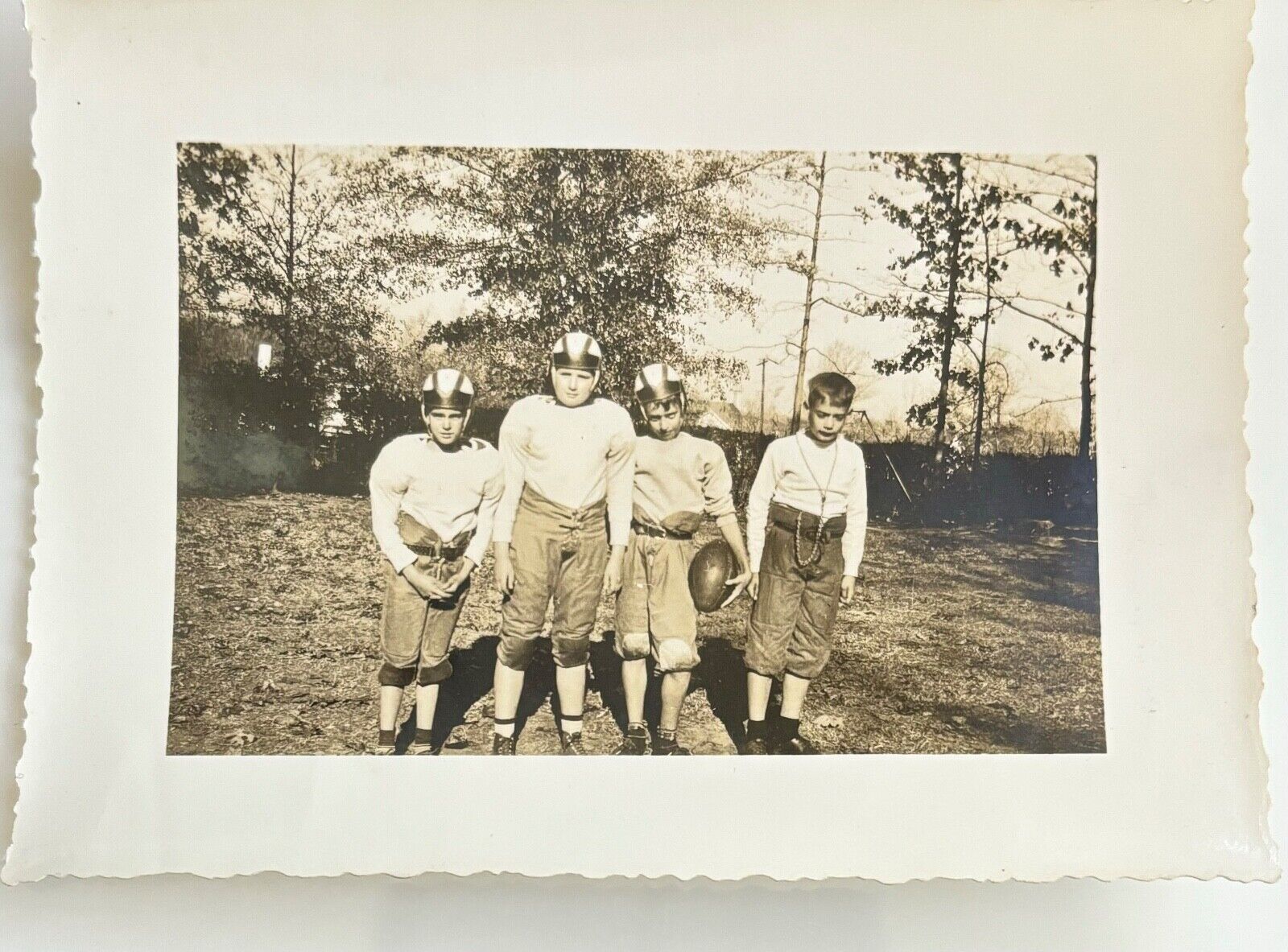 VINTAGE BW PHOTO - 1940\'s Boys Playing Football - Period piece Uniforms
