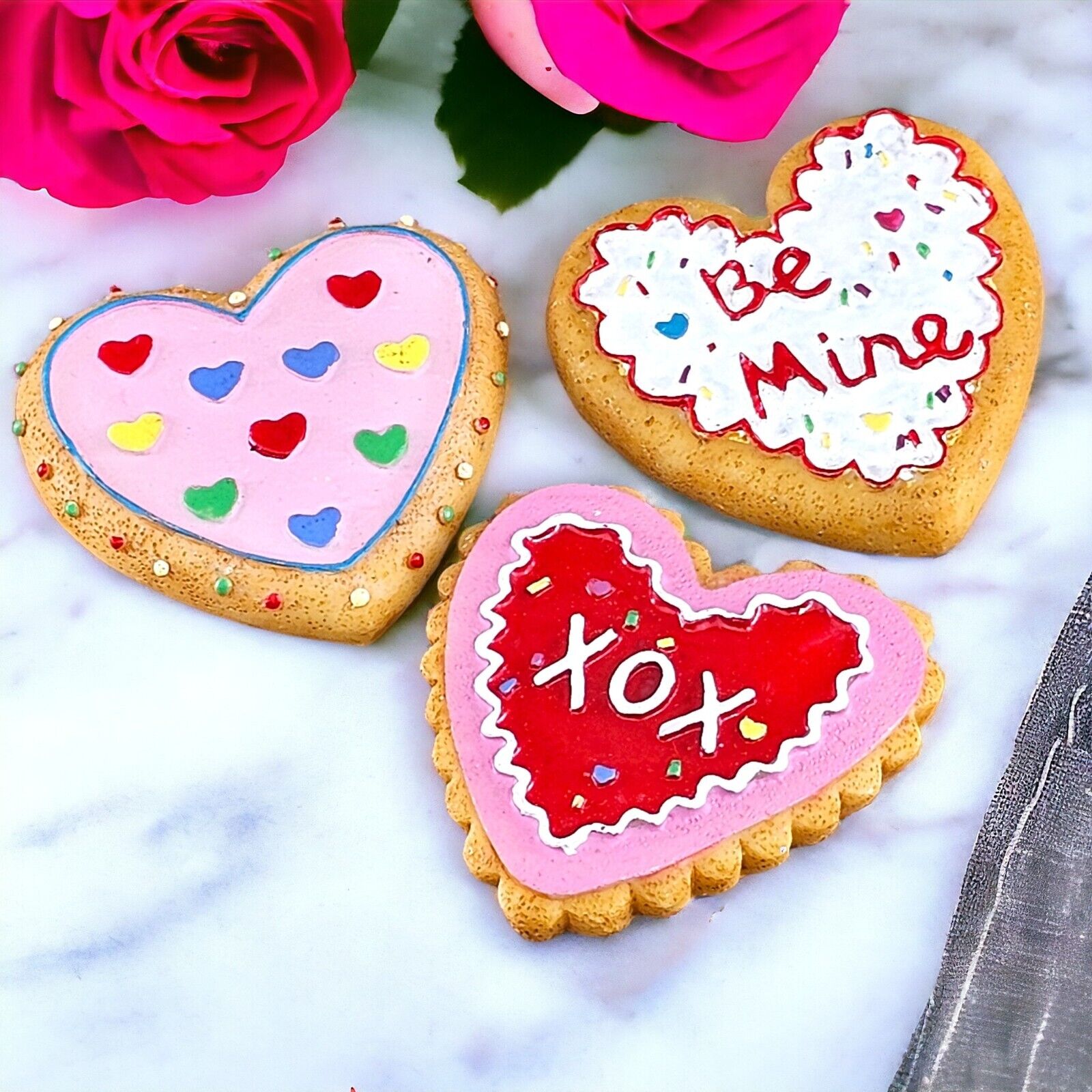 VTG Fridge Magnets Valentine Baked Cookies Kitschy Colorful Hearts Be Mine XOXO