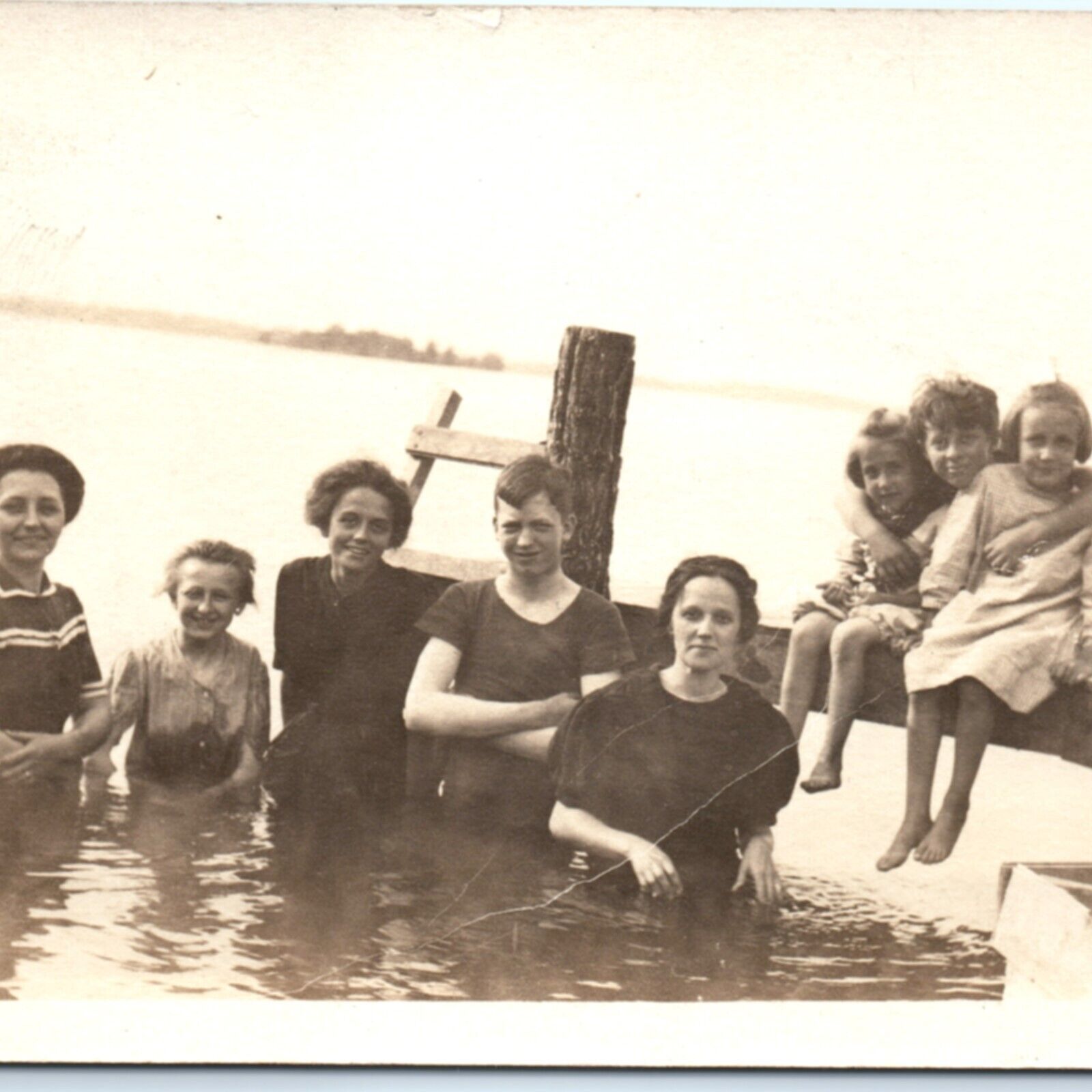 c1910s Cute Young Women & Children Swimming RPPC Lake Dock Real Photo PC A139