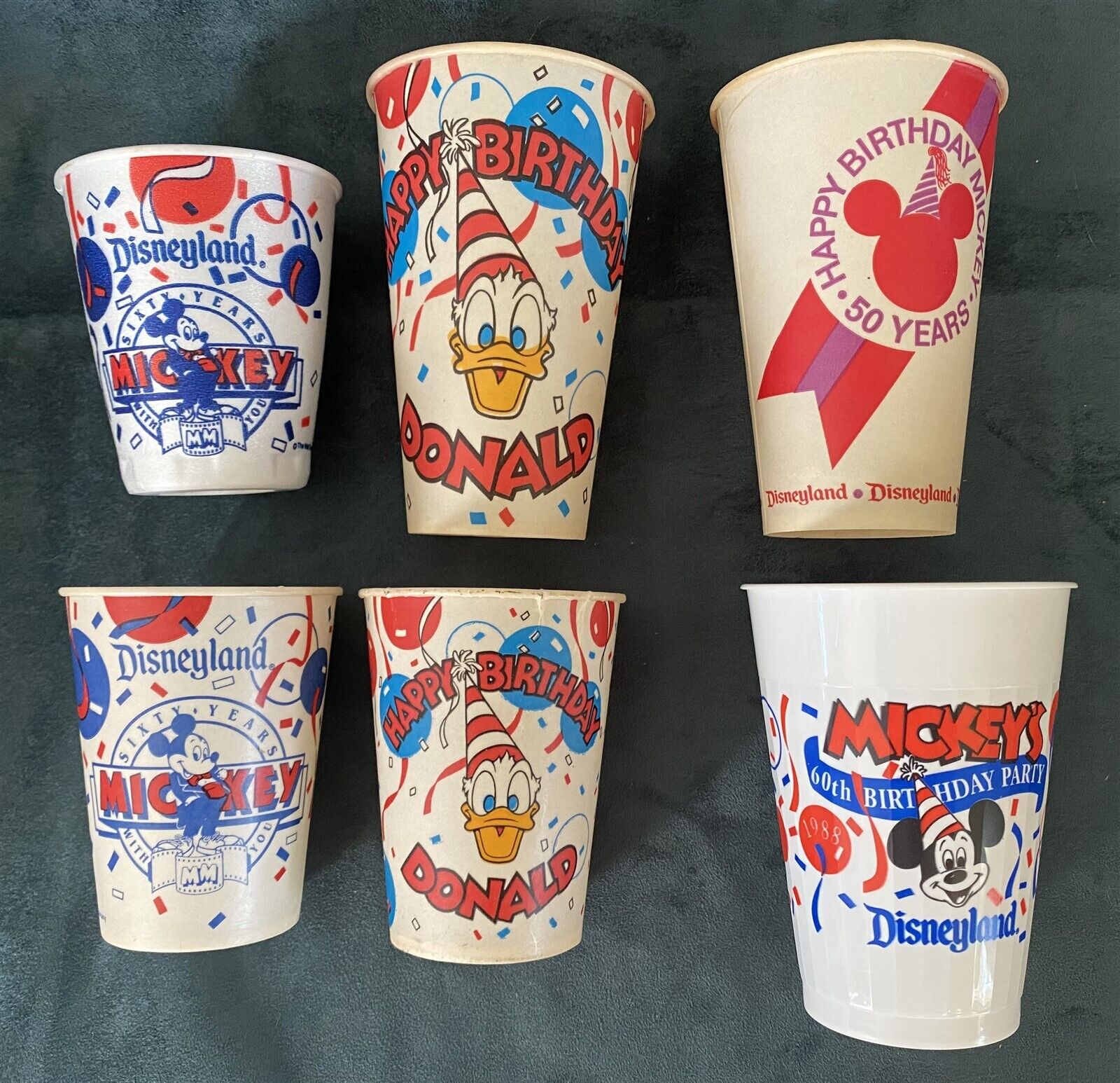 Vintage Disneyland MICKEY 50 & 60 DONALD Birthday Cups Lot of 6 70's & 80's