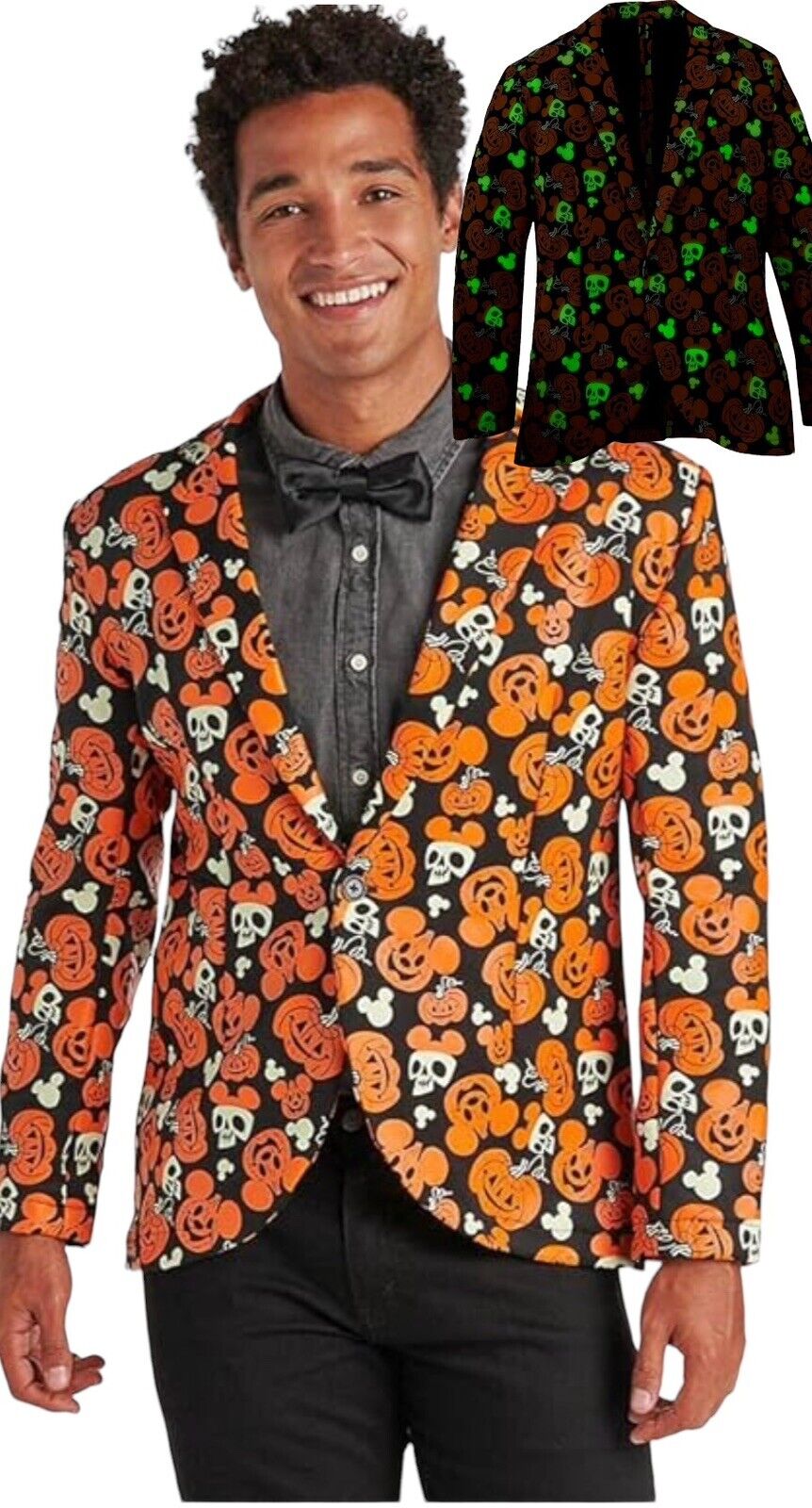 Disney Store Mens L/XL Mickey Mouse Halloween Glow in Dark Suit Jacket Blazer