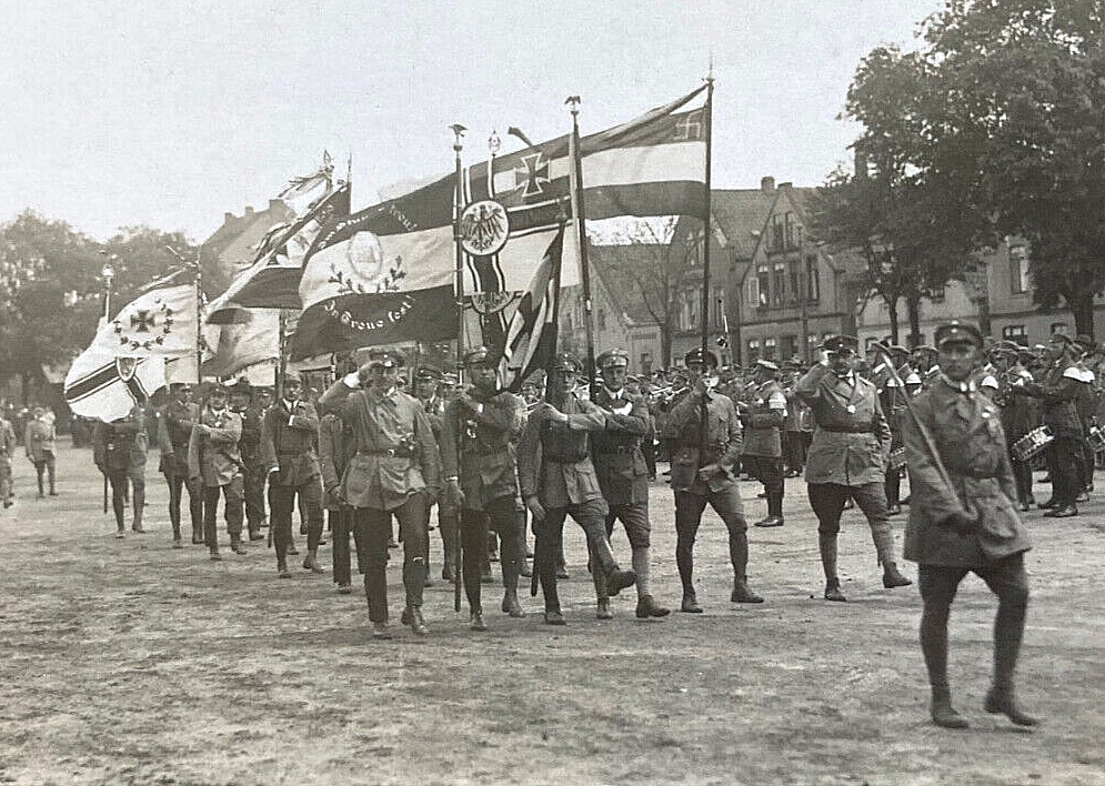 RARE POST WW1  GERMAN STAHLHELM with FLAGS EARLY 1920\'s PHOTO POSTCARD RPPC