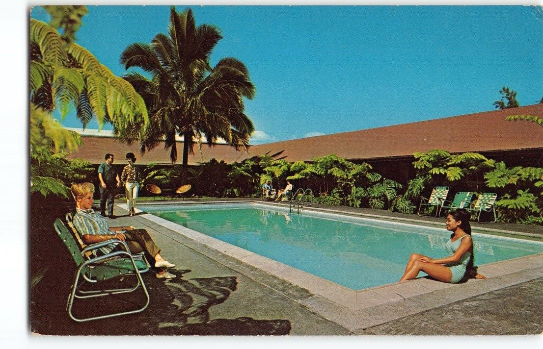 1960s Poolside at Hilo Hukilau Hotel~Island of Hawaii Chrome Postcard #100 -HC