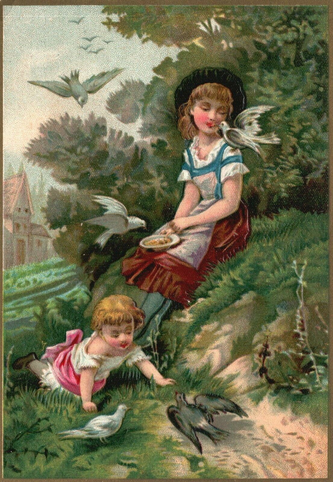1880s-90s Young Woman with Girl Feeding Doves Birds Embossed Trade Card