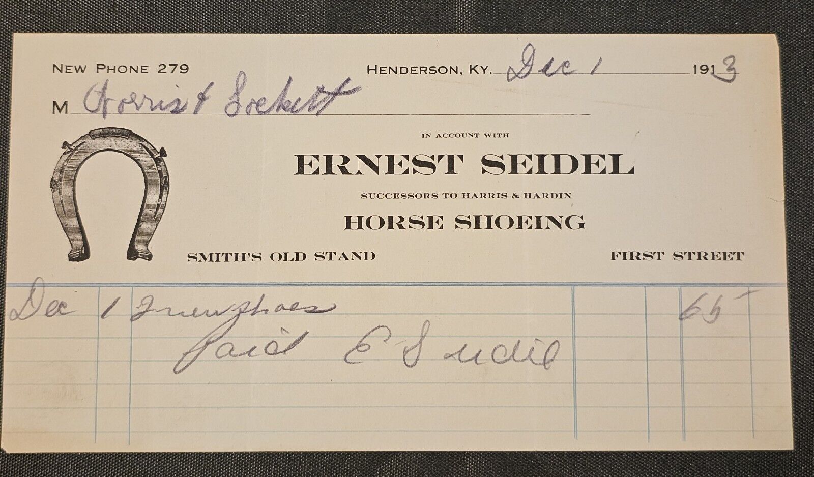 1913 Ernest Seidel Horse Shoeing Illustrated Billhead Receipt Henderson, KY