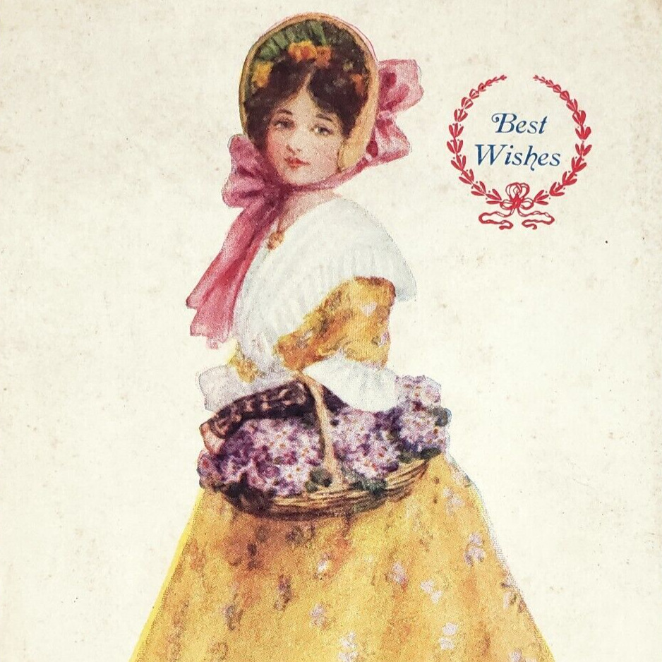 Pretty Girl Carrying Flowers Postcard c1909 Floral Basket Best Wishes Art B1505