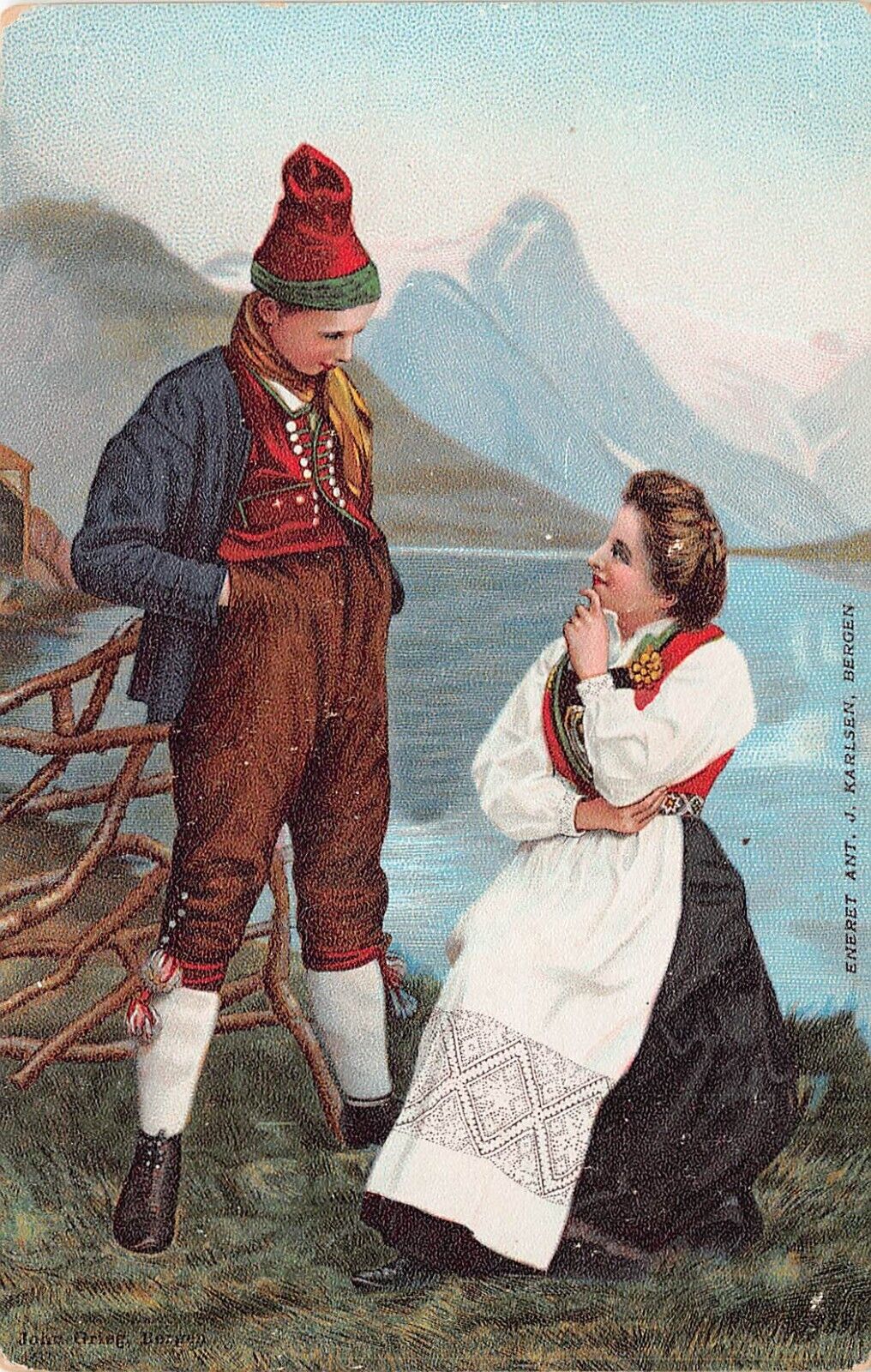 Eneret Karlsen Bergen Norwegian Scandinavian Folk Art Couple Vtg Postcard B50