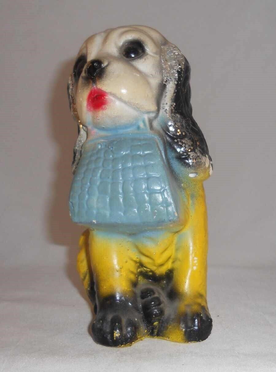 Antique 1920s Colorful Carnival Prize Chalkware Figurine Puppy Blue Bag in Mouth