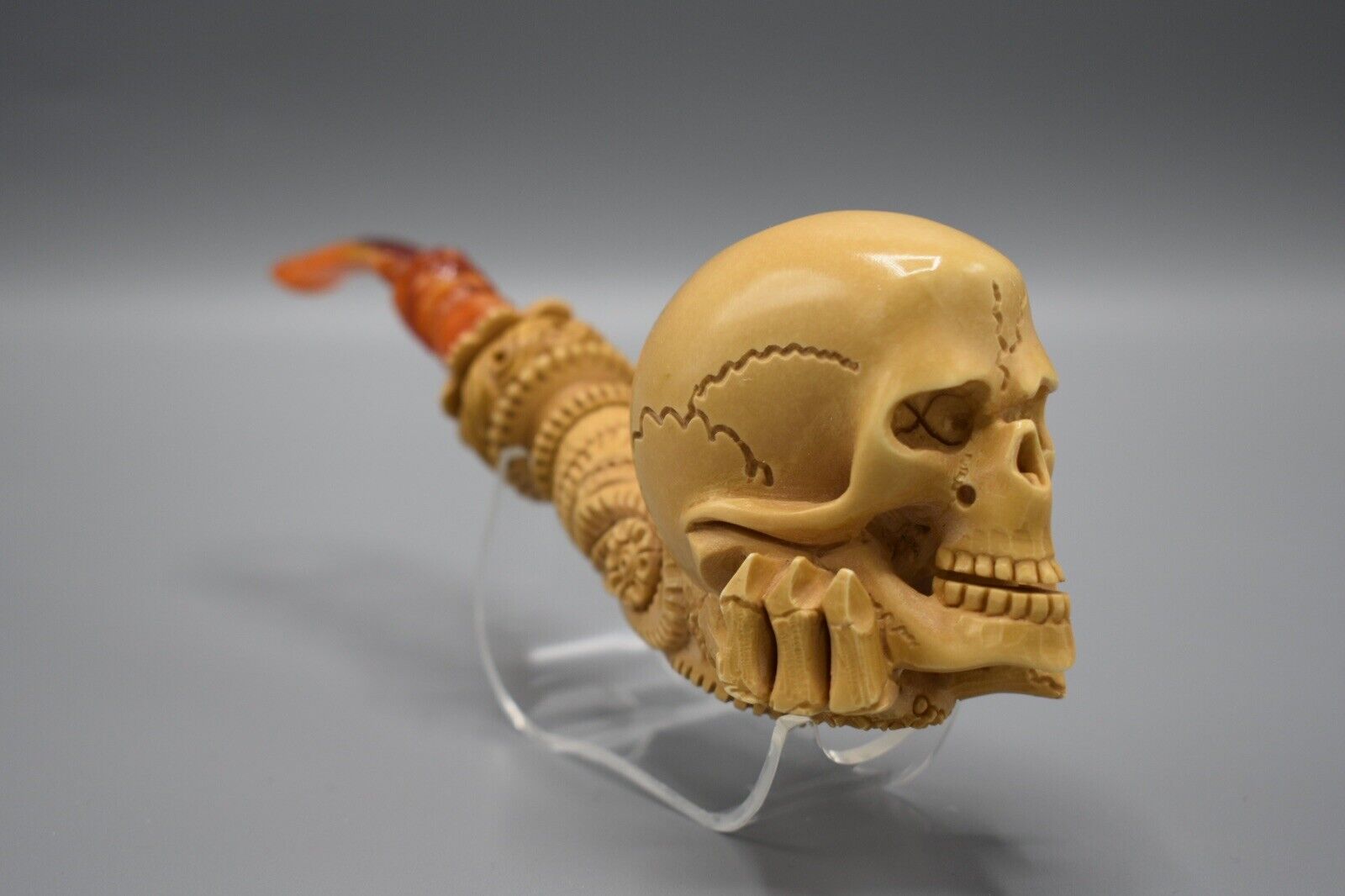 Skeleton Hand Holds Skull  Pipe By Ali  New Block Meerschaum Handmade W Case1735