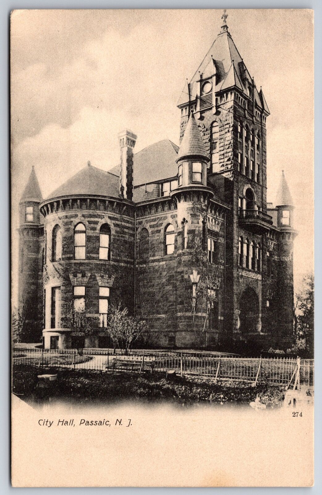 Passaic New Jersey~City Hall~Close Up Gothic Towers~c1905 B&W Postcard