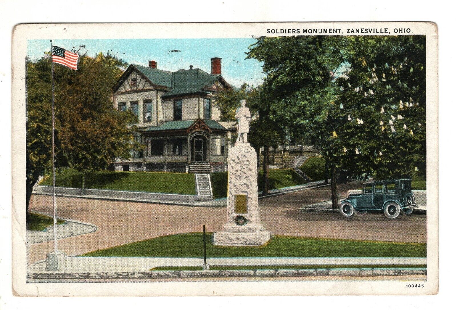Zanesville OH Soldiers Monument Postcard 1929 Ohio
