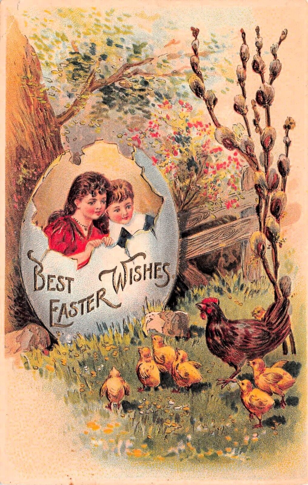Antique Easter Card Fantasy Chicks Large Egg Girls Artist Vtg Postcard D6