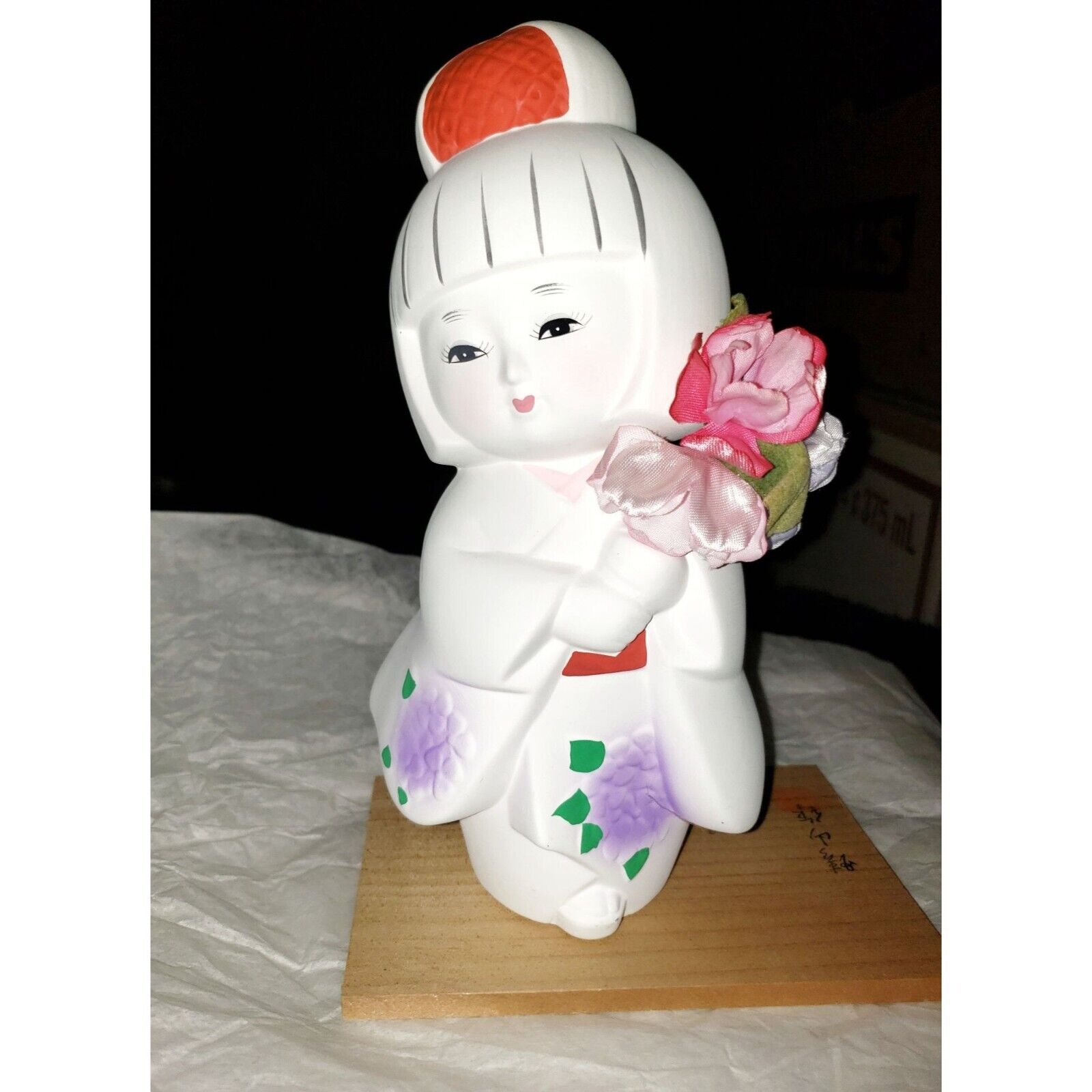 Vtg Japanese Hakata Bisque Geisha Doll on Signed Wooden Base 7 3/4” T Ceramic