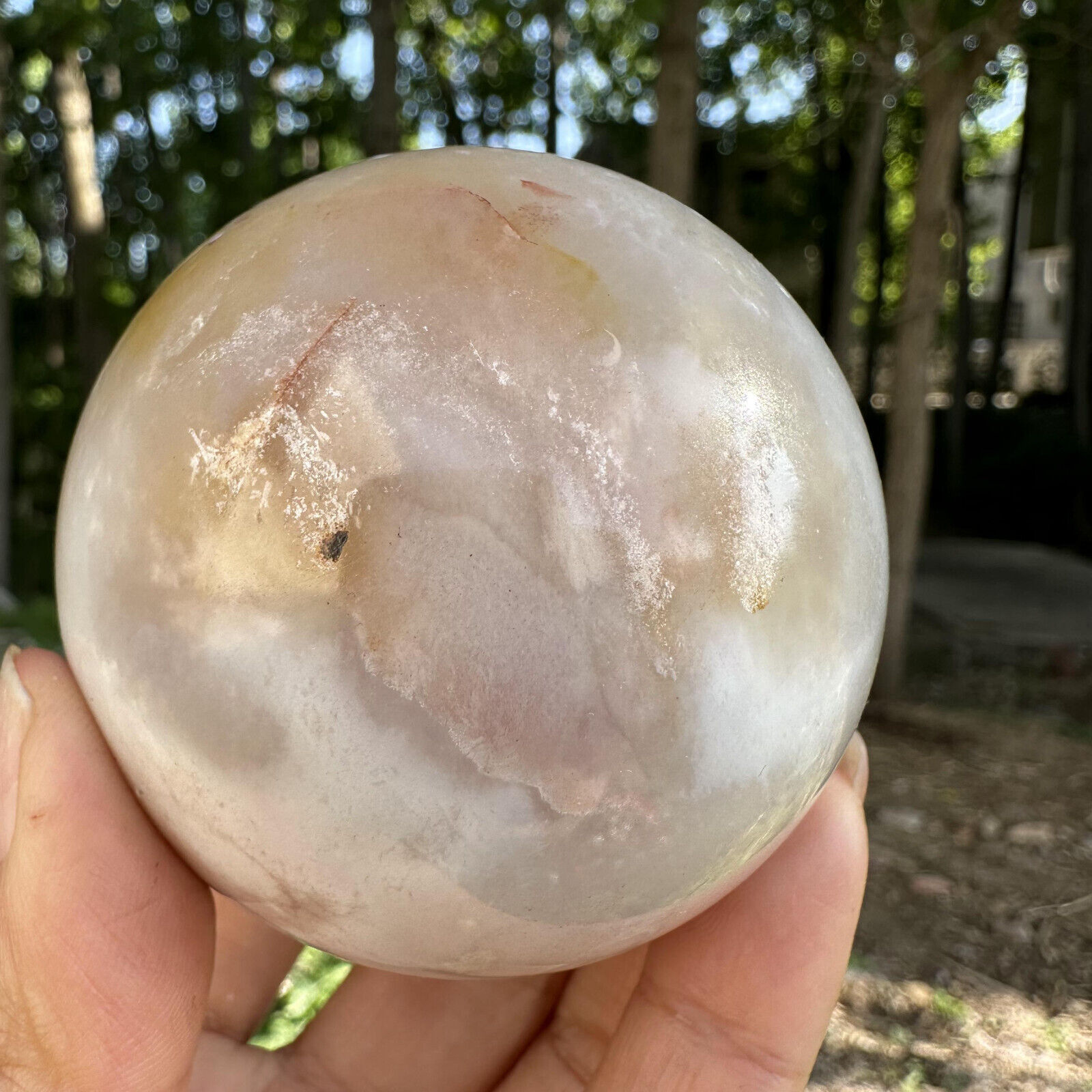 355g  Natural Cherry Blossom Agate Quartz Sphere Crystal Energy Ball Reiki Decor