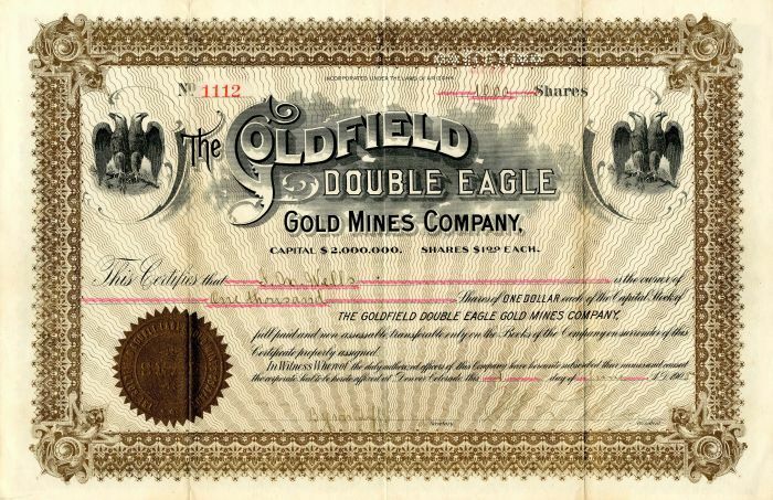 Goldfield Double Eagle Gold Mines Co. - Stock Certificate - Mining Stocks