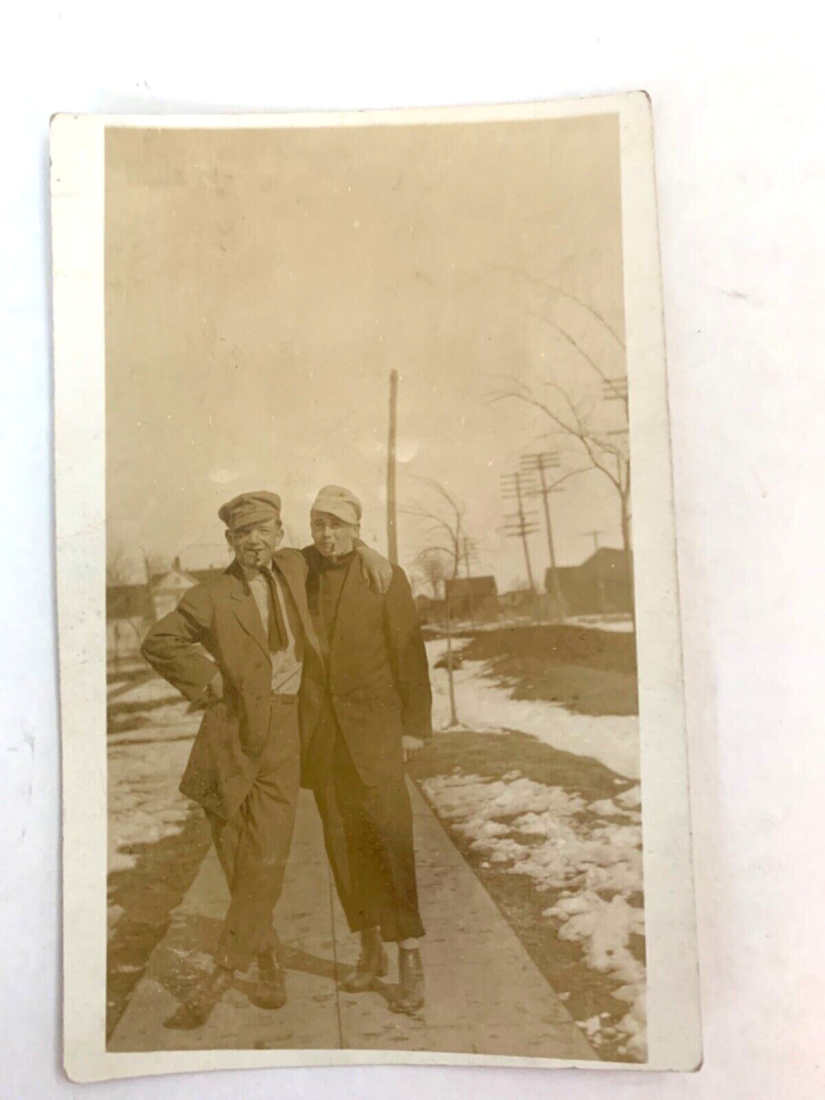 Antique RPPC Postcard Two Men Friends Smoking Cigars & Newsboy Caps Buddies