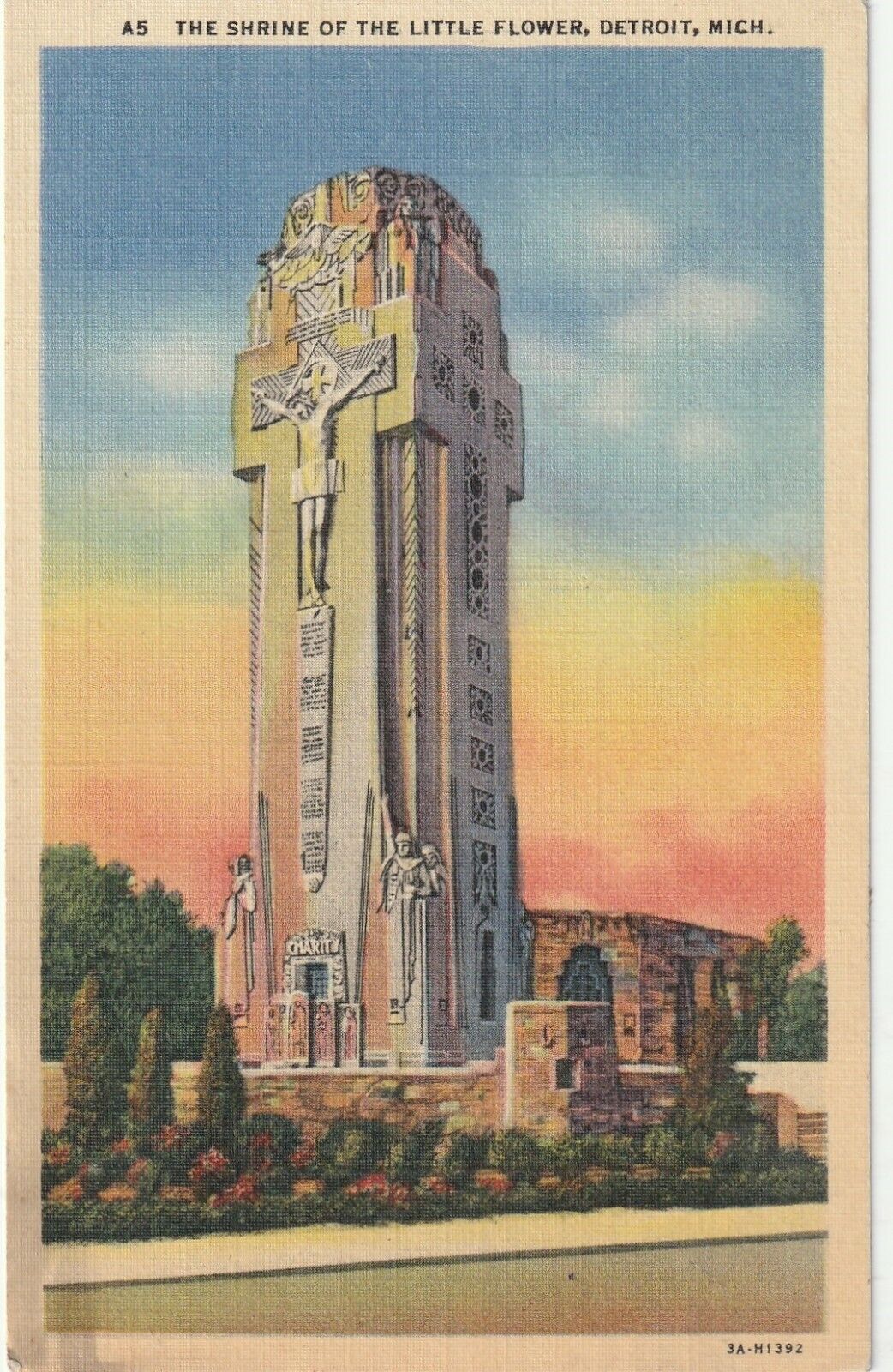 Rare Tower Shrine of The Little Flower in Royal Oak, Michigan Linen Postcard 