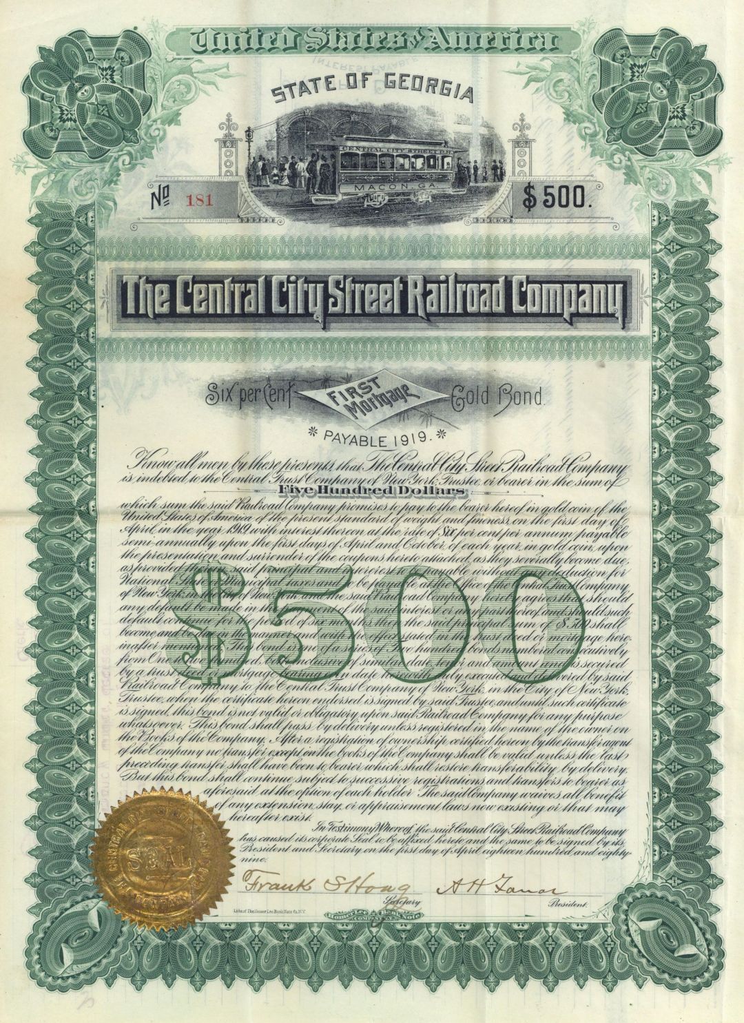 Central City Street Railroad Co. - $500 Uncanceled Macon, Georgia Gold Bond - Ra