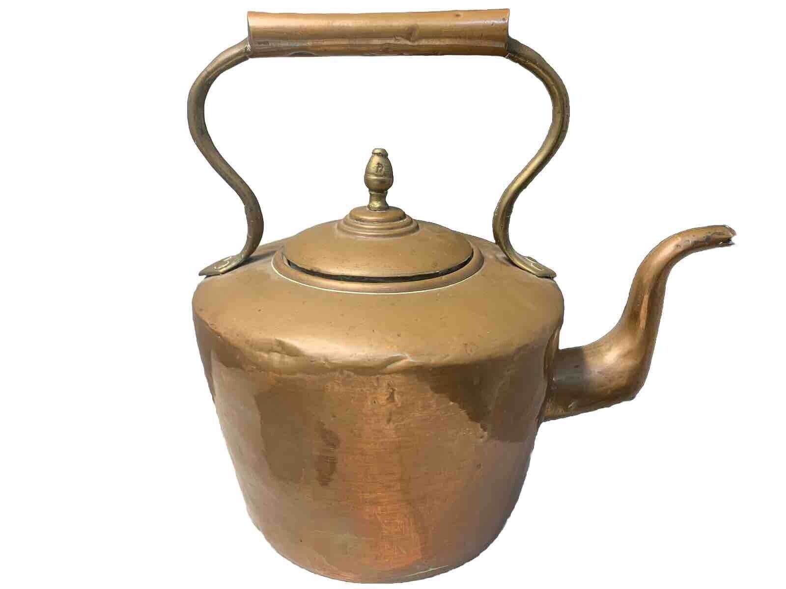 Large 19th C Copper Tea Kettle With Lid And Brass Accents