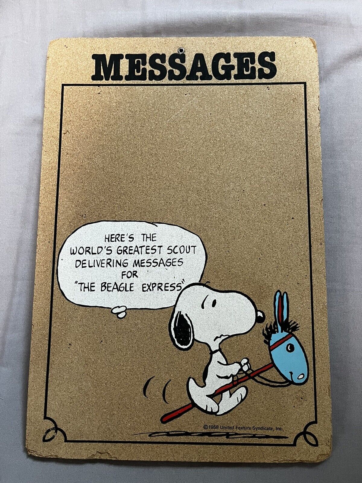 Vintage 1958 Peanuts Snoopy message  Cork Bulletin Board