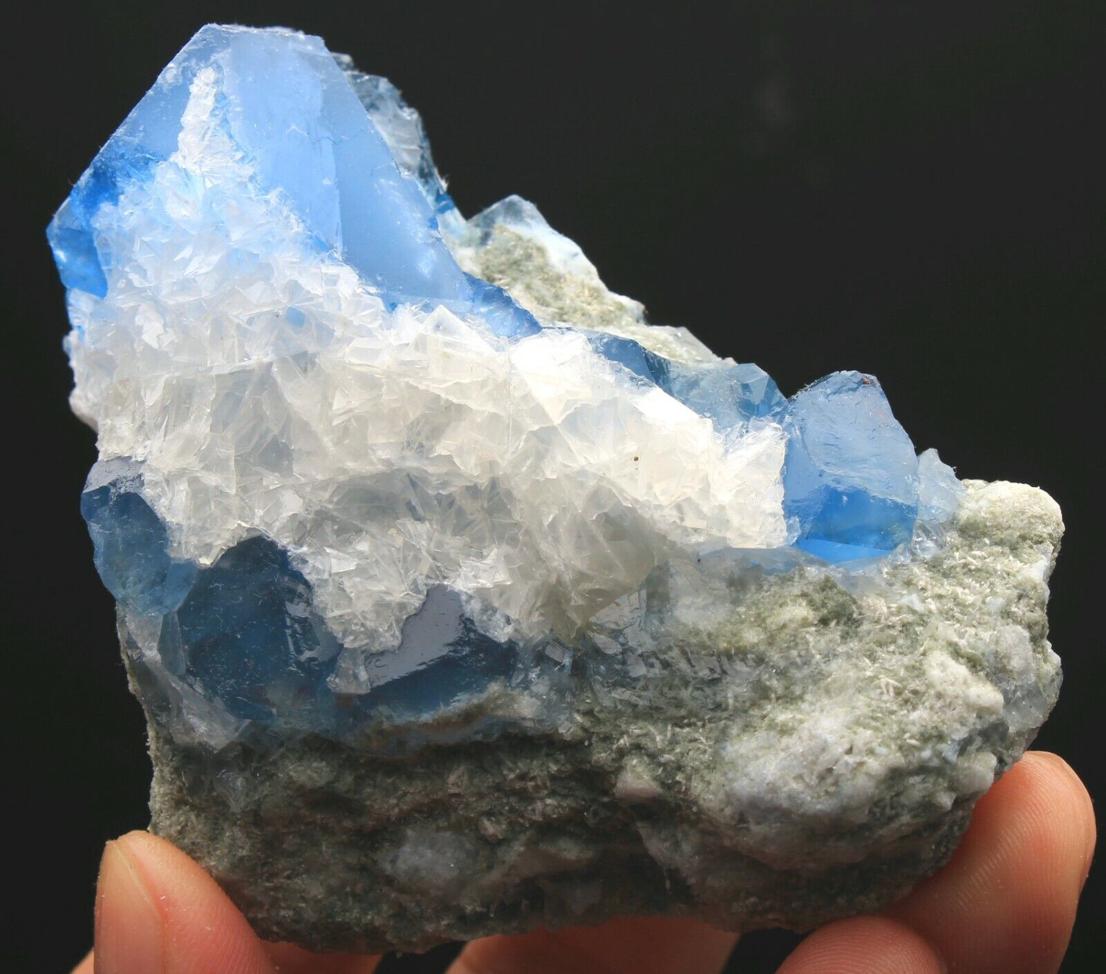 266g Rare Transparent Blue Cube Fluorite & Calcite Mineral Specimen/China 