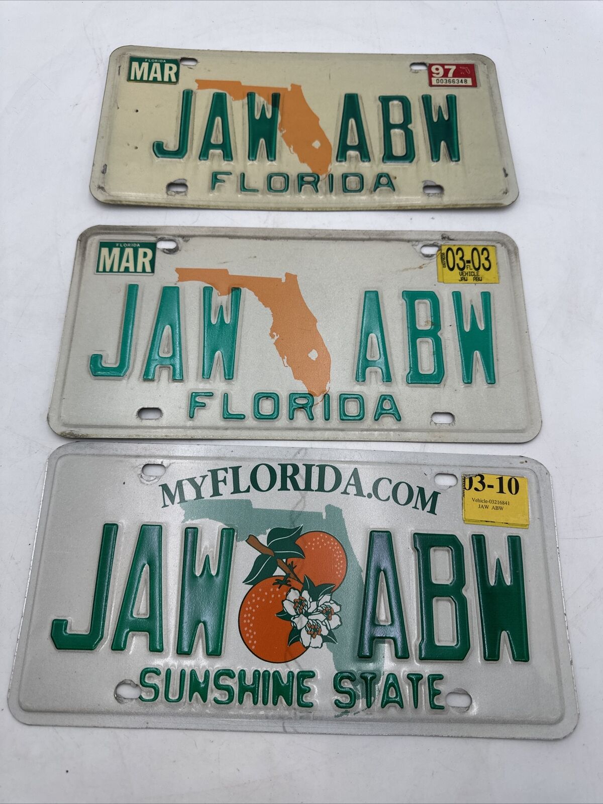 3 Matching Vintage 1997-2003-2010 Florida License Plate Rare JAW-ABW Vanity Lot