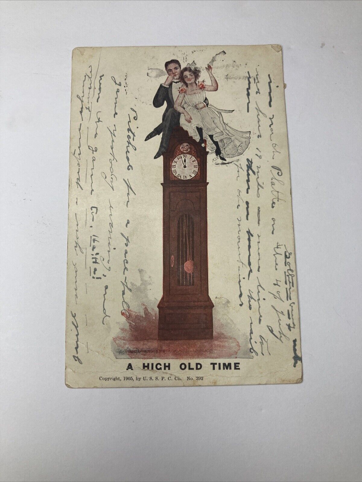 c1905 A High Old Time Smoking On A Clock ANTIQUE Postcard