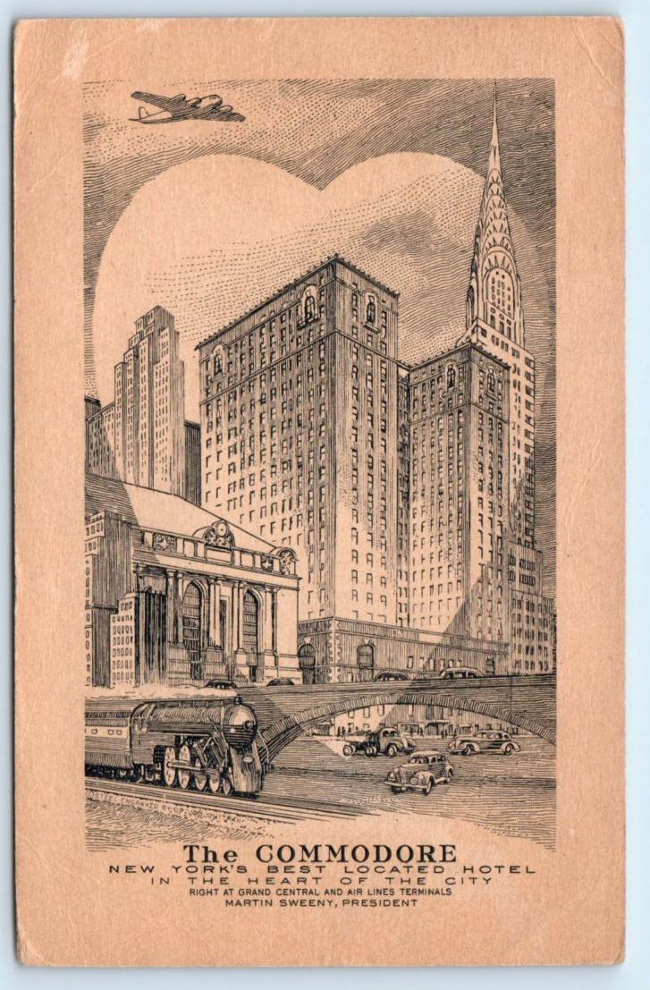 NEW YORK CITY, NY ~ Roadside HOTEL COMMODORE c1930s Cars, Train Postcard