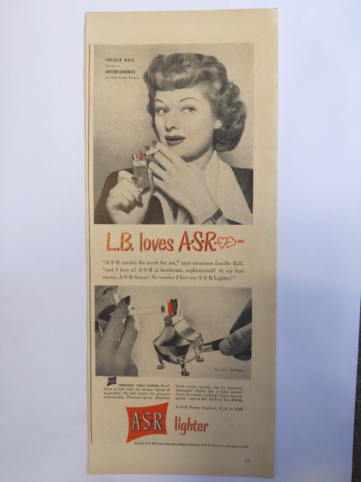 1948 vintage ASR lighter print ad, Lucy Ball loves ASR