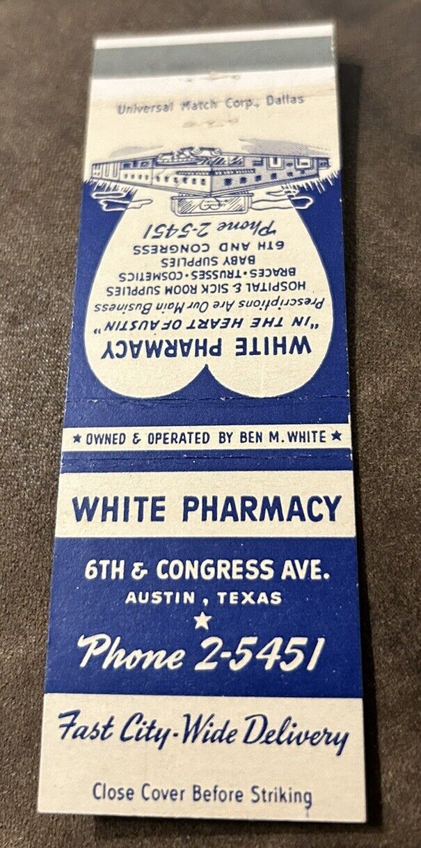 Vintage White Pharmacy, 6th & Congress, Austin, Tx., Matchbook 