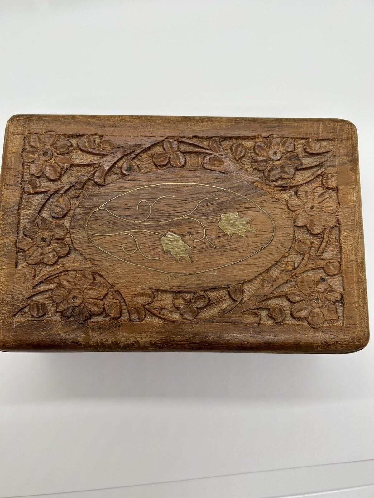 Vintage Hand Carved Wooden Hinged Box 6” x 4” x 2.5” Lined with Red Material