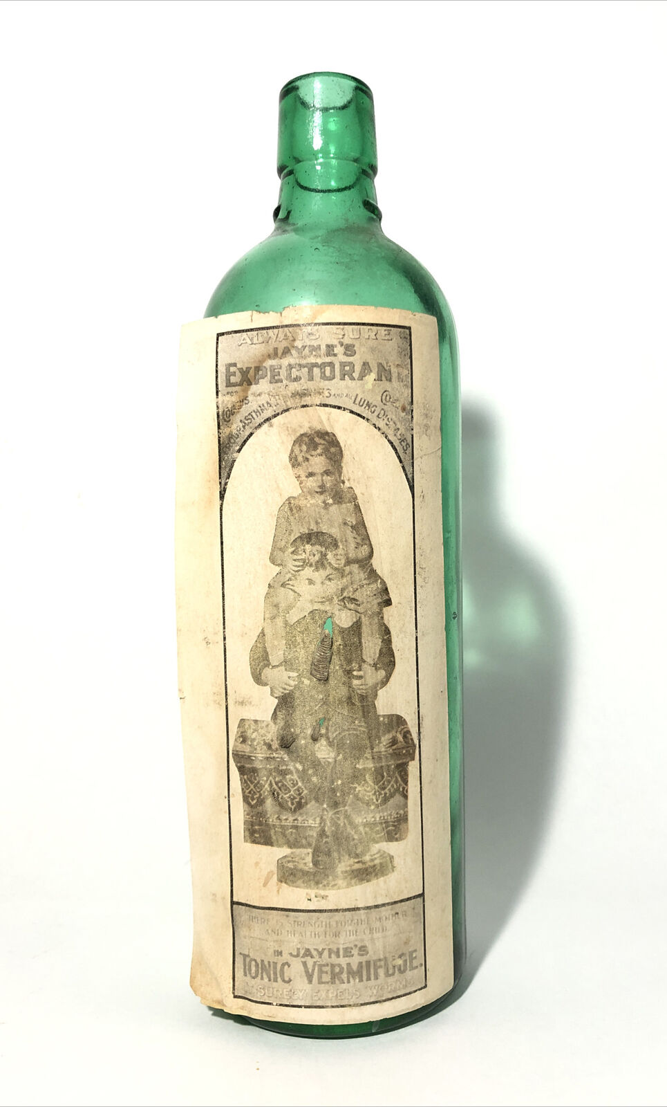 Antique Green Glass 10.5” Medicine Bottle- Jayne’s Expectorant-Full Label. Tonic