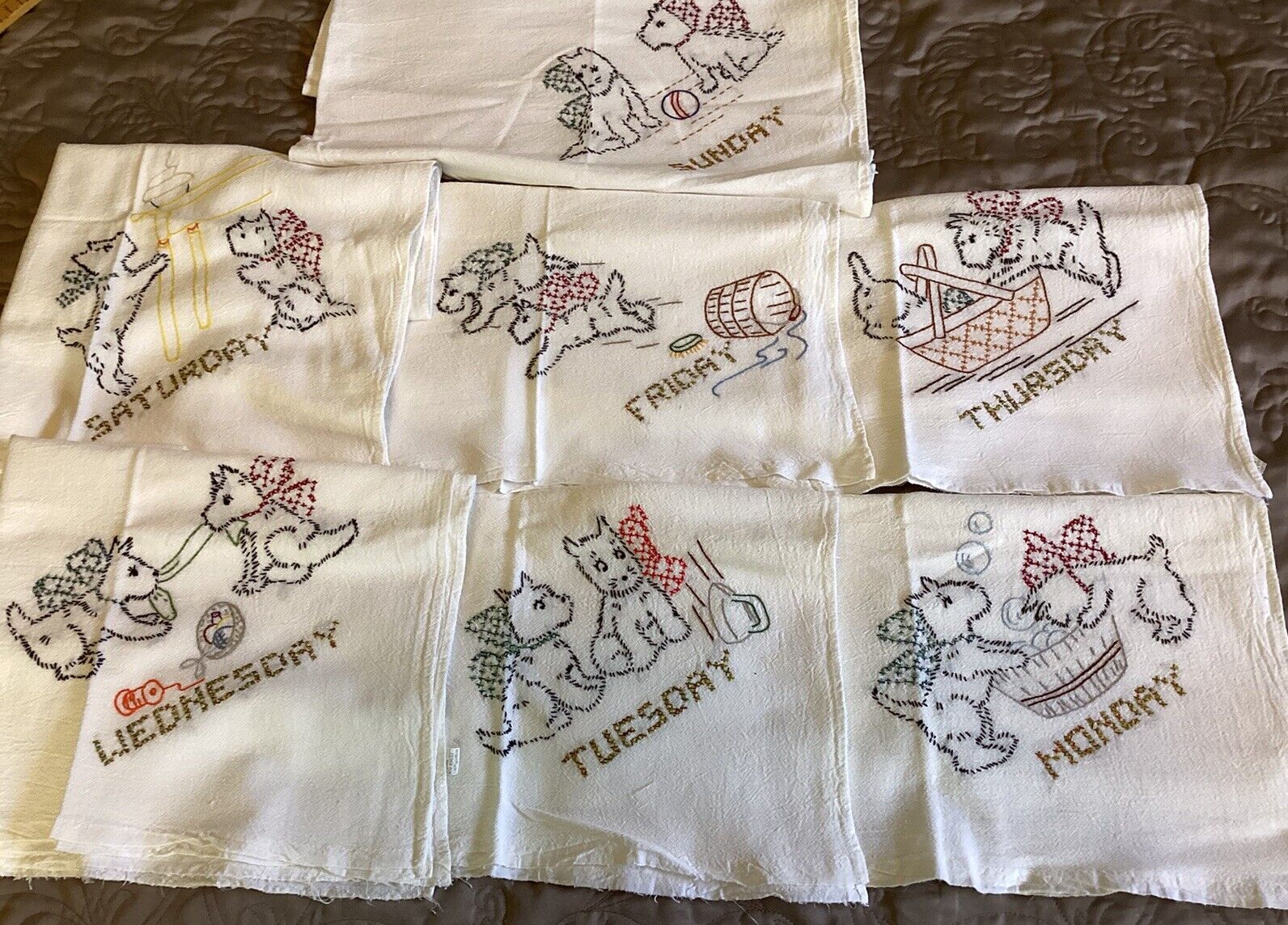 Vintage Set of 7 Days Of The Week Tea Towel Set Flour Sack Dish Embroidered Dogs