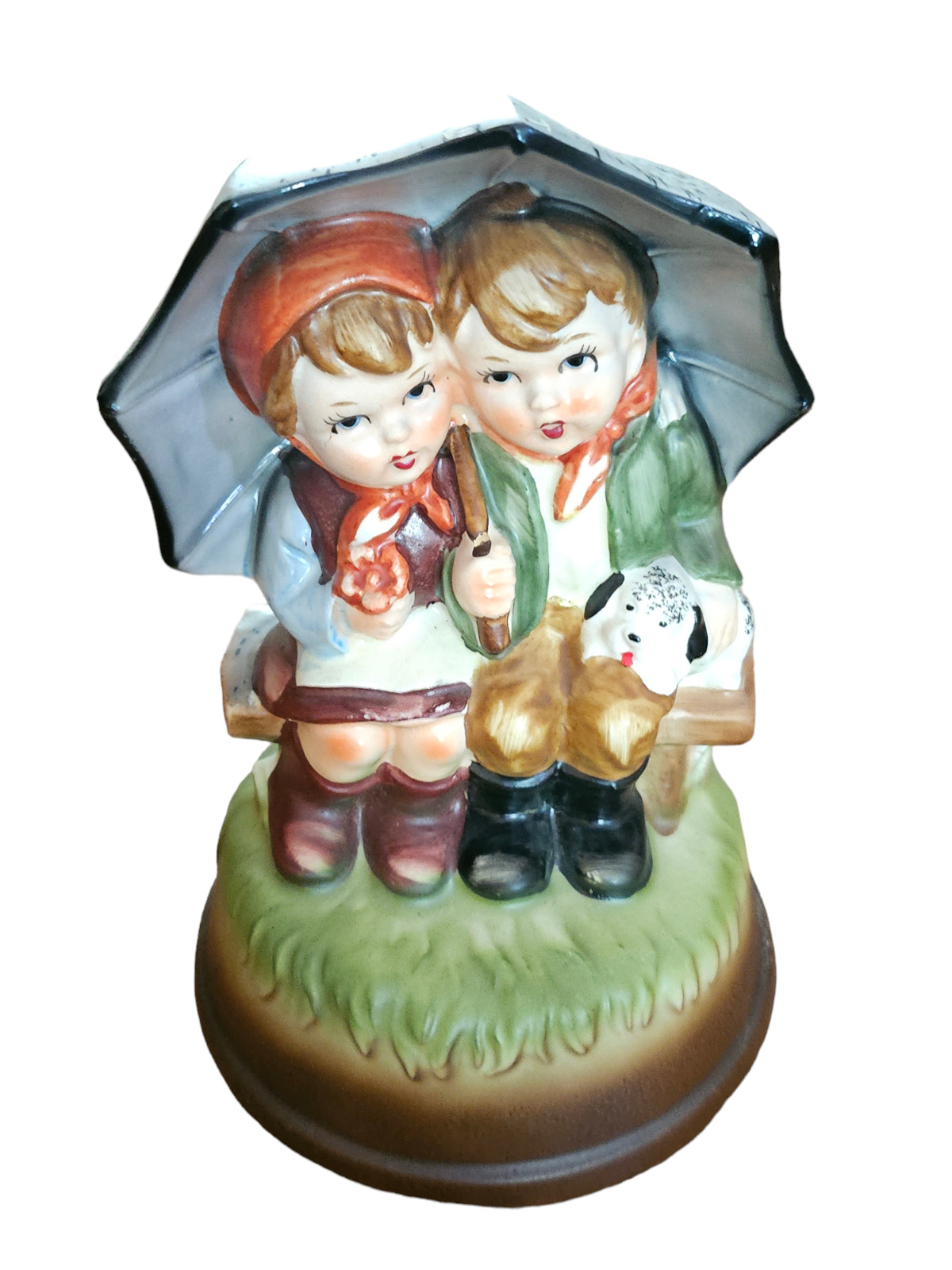 Antique Rotating Music Box Boy Girl Dog Umbrella Raindrops Keep Falling