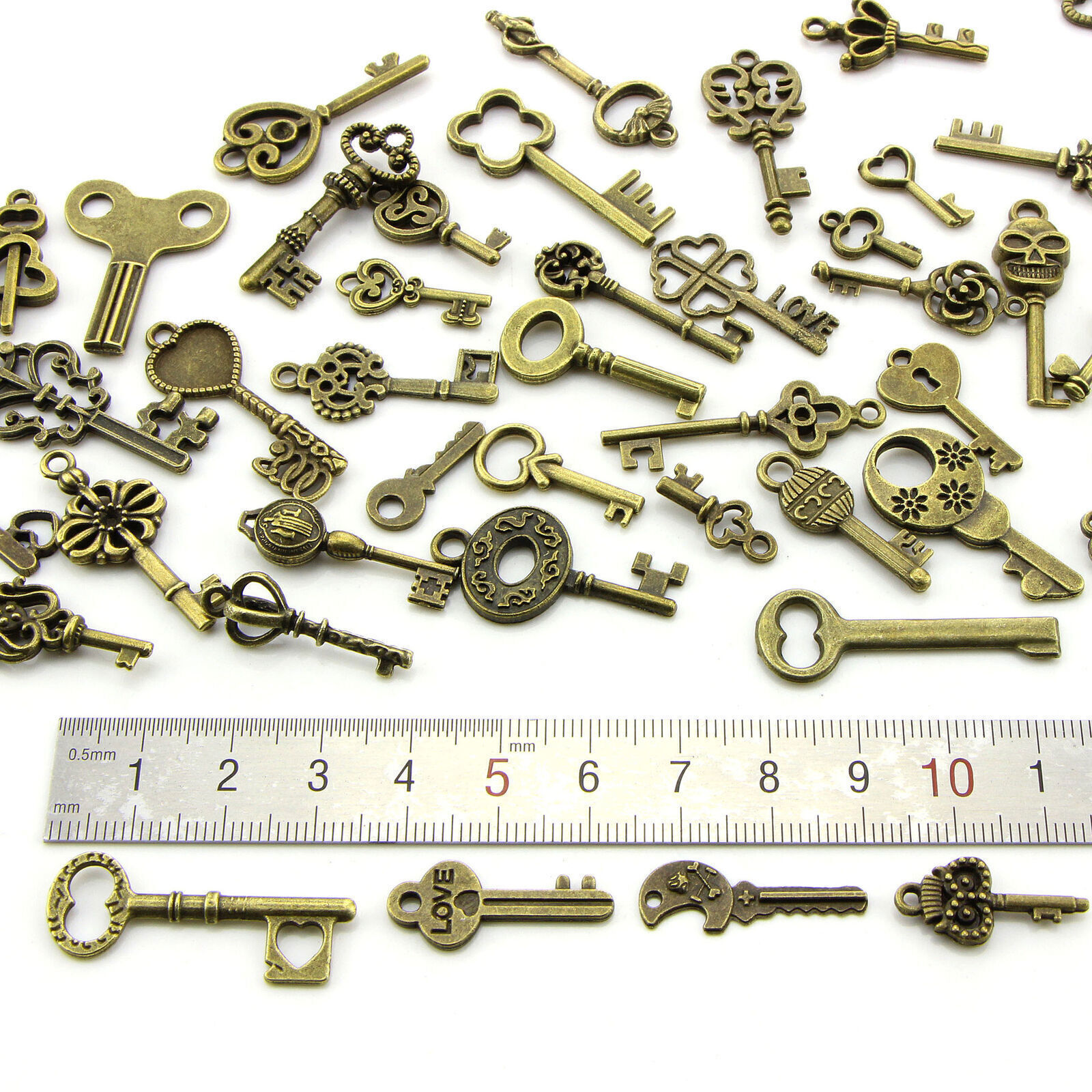 50 PCS/Set Vintage Antique Old Brass Skeleton Keys Lot Retro Cabinet Barrel Lock