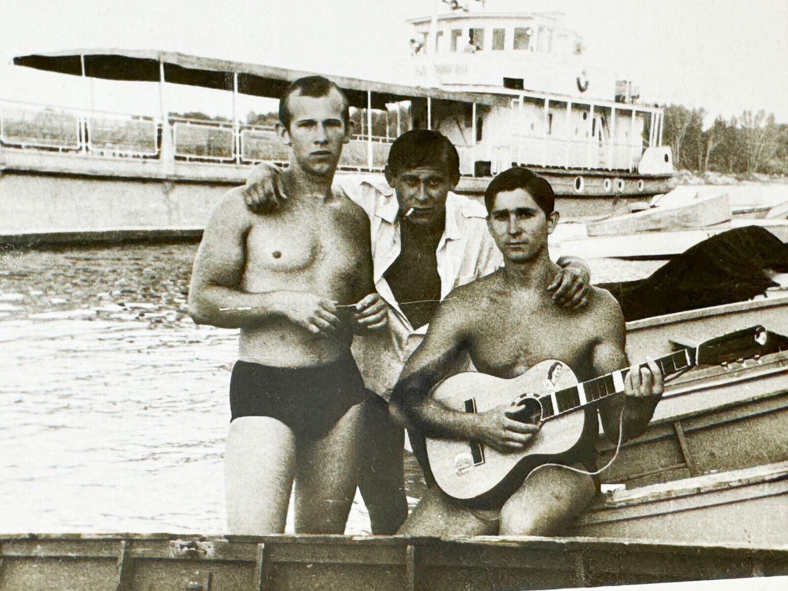 1960s Three Shirtless Muscular Handsome Men Trunks Bulge Gay int Vintage Photo