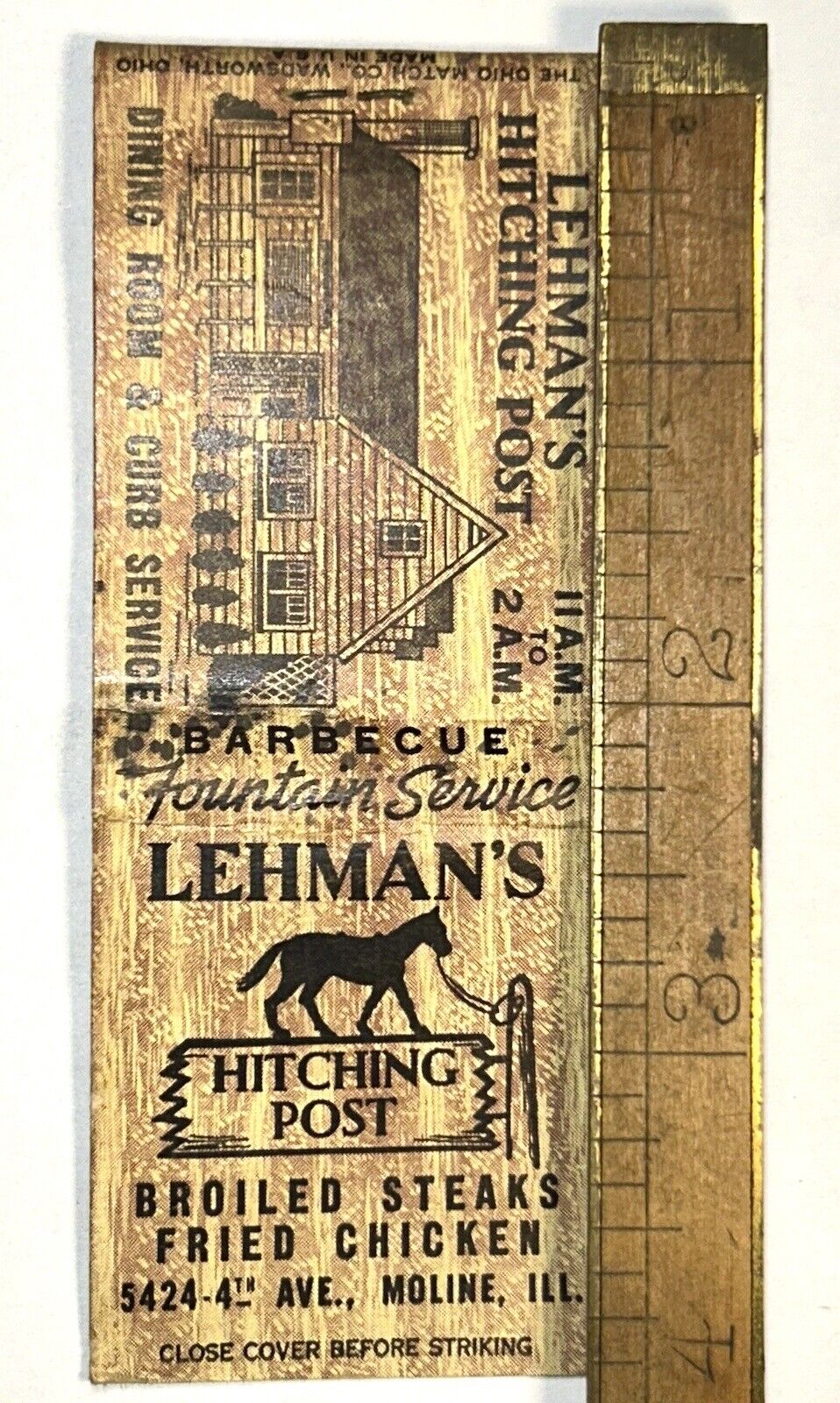 Vintage Lehman's Hitching Post Moline Illinois Advertising Matchbook Restaurant 