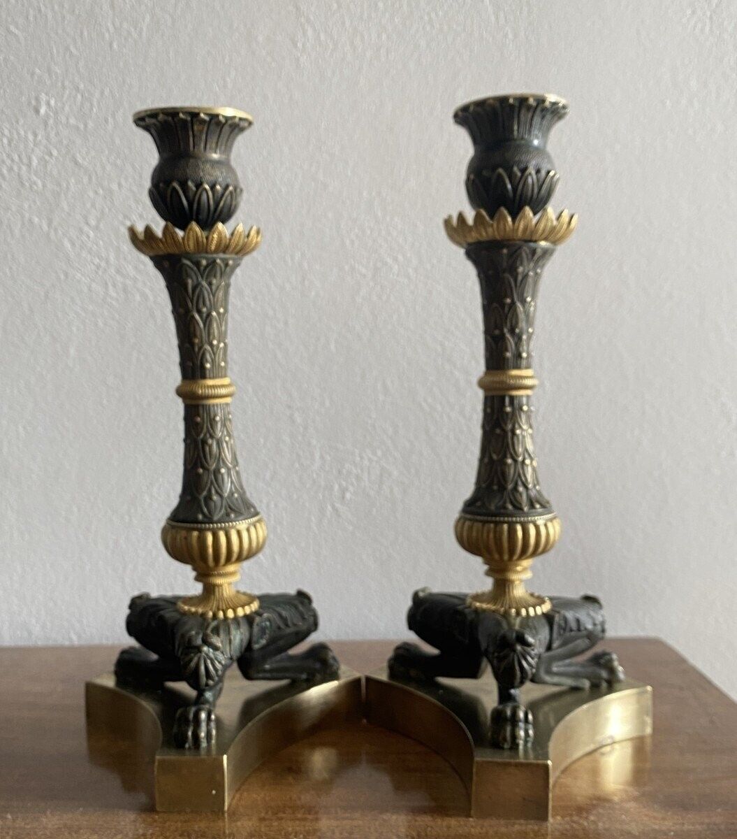 Pair of Antique Empire Period Bronze Candlesticks, Lion Paw Feet & Double Patina