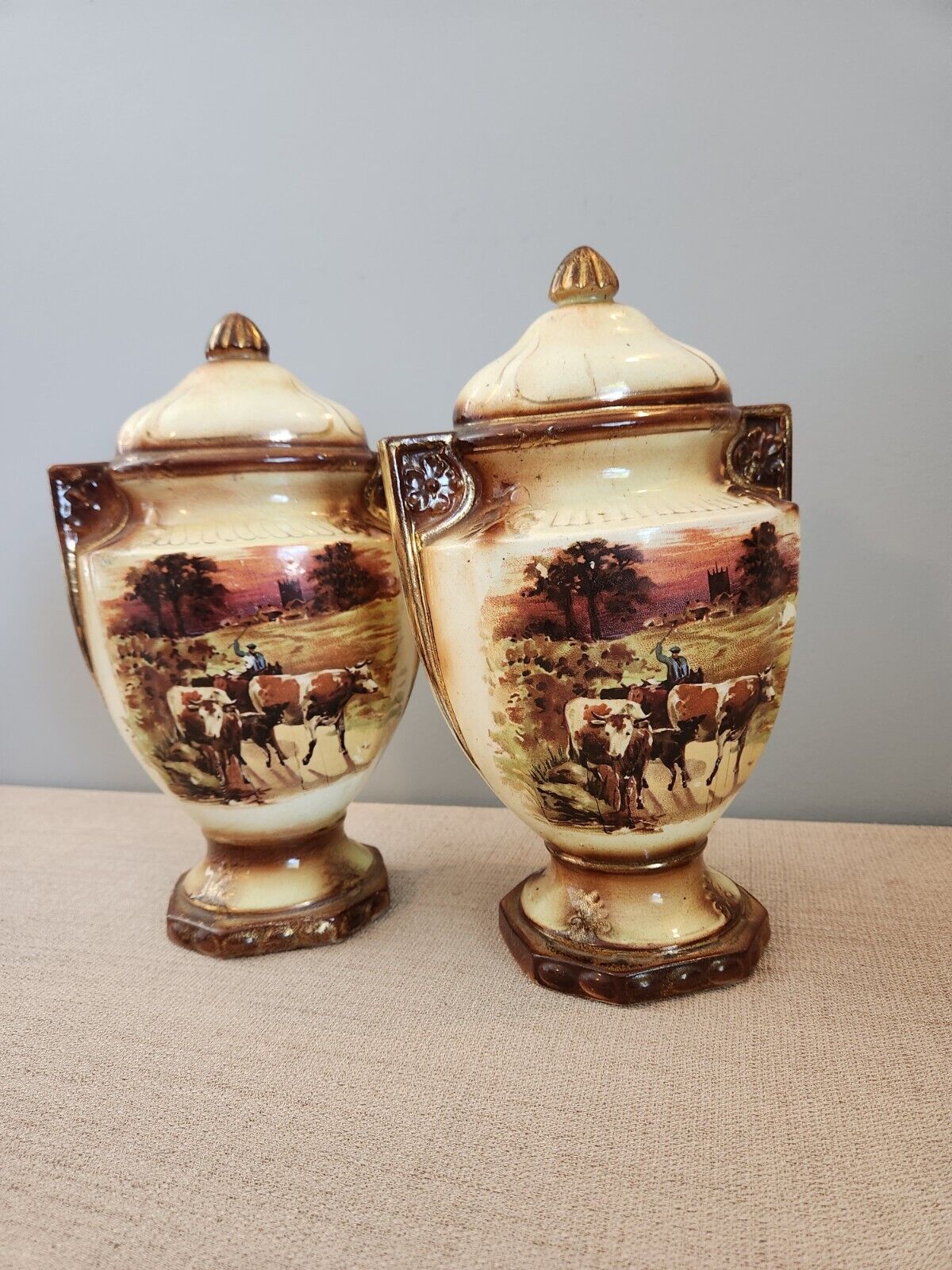Lot of Two Vintage Transferware Decorative Urn ~ Country, Farm, Rural