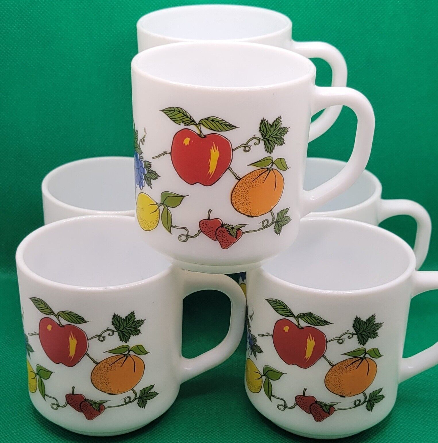 Set of 6 Vintage 1960s Arcopal Milk Glass Mugs R. Carmen Fruit Design France