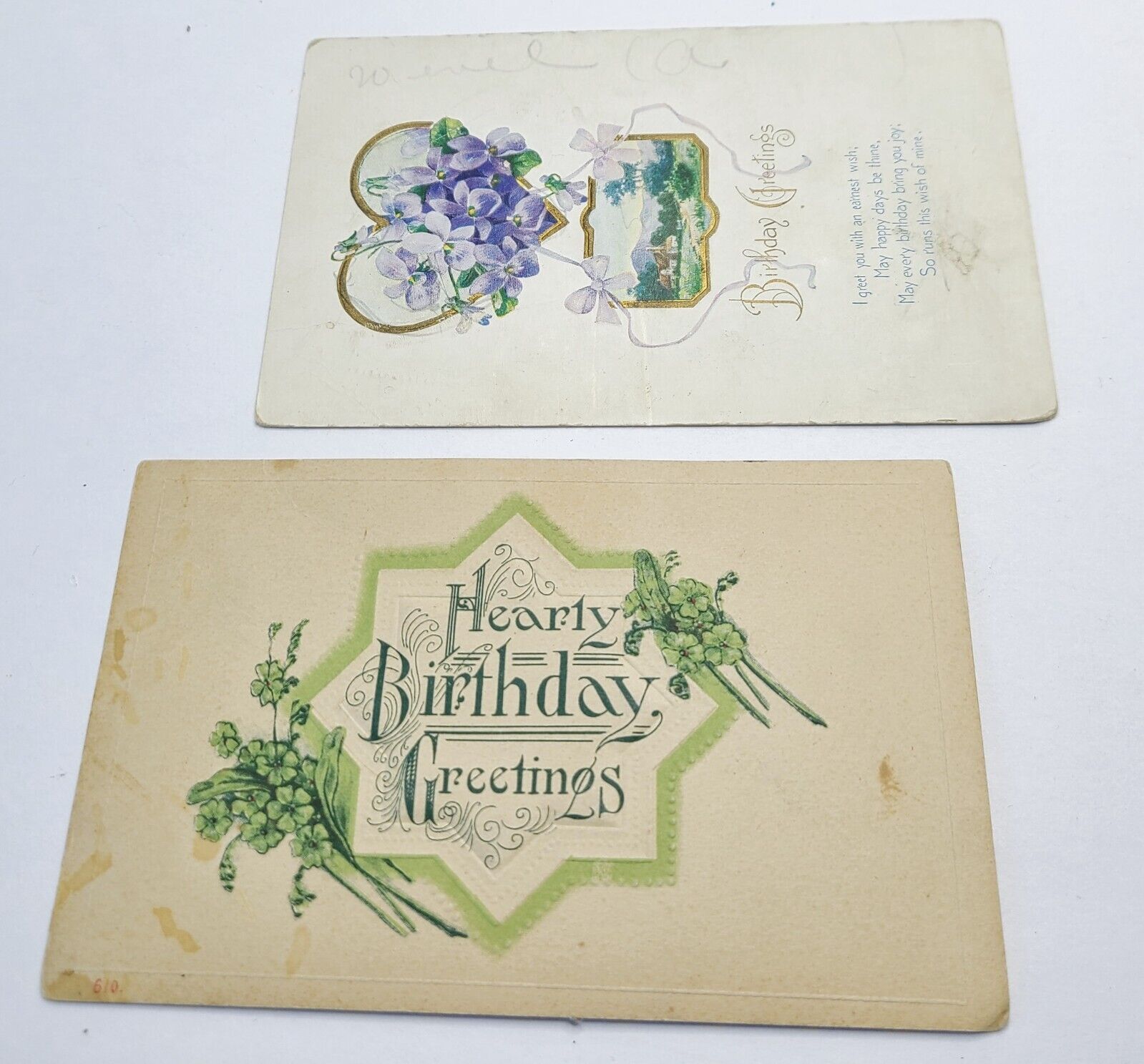 2 Antique Lithograph Floral Postcards Embossed Violets Forget Me Nots