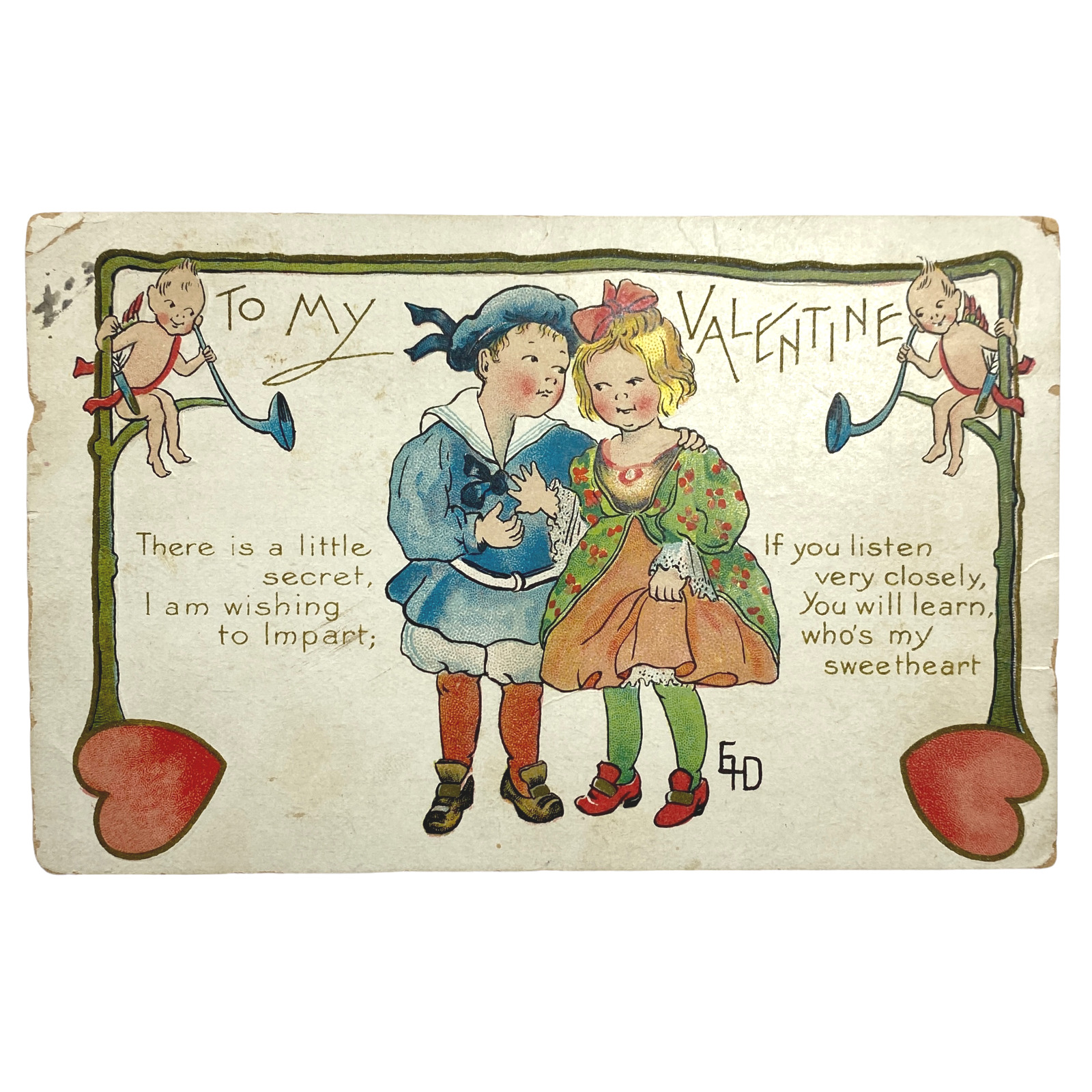 Antique TO MY VALENTINE Postcard - 1911 AMP Co - Boy Girl Cupid Cartoon