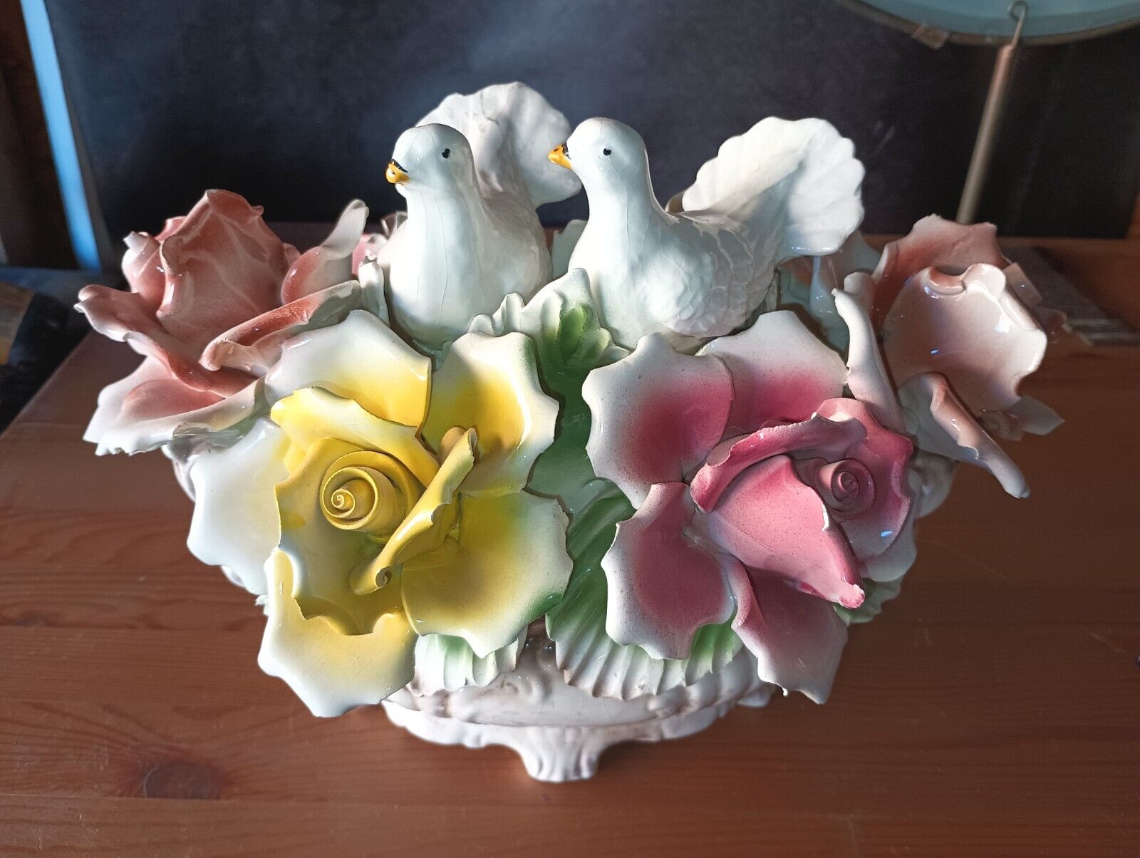 Capodimonte Italy White Doves Roses Porcelain Figurine arrangement 